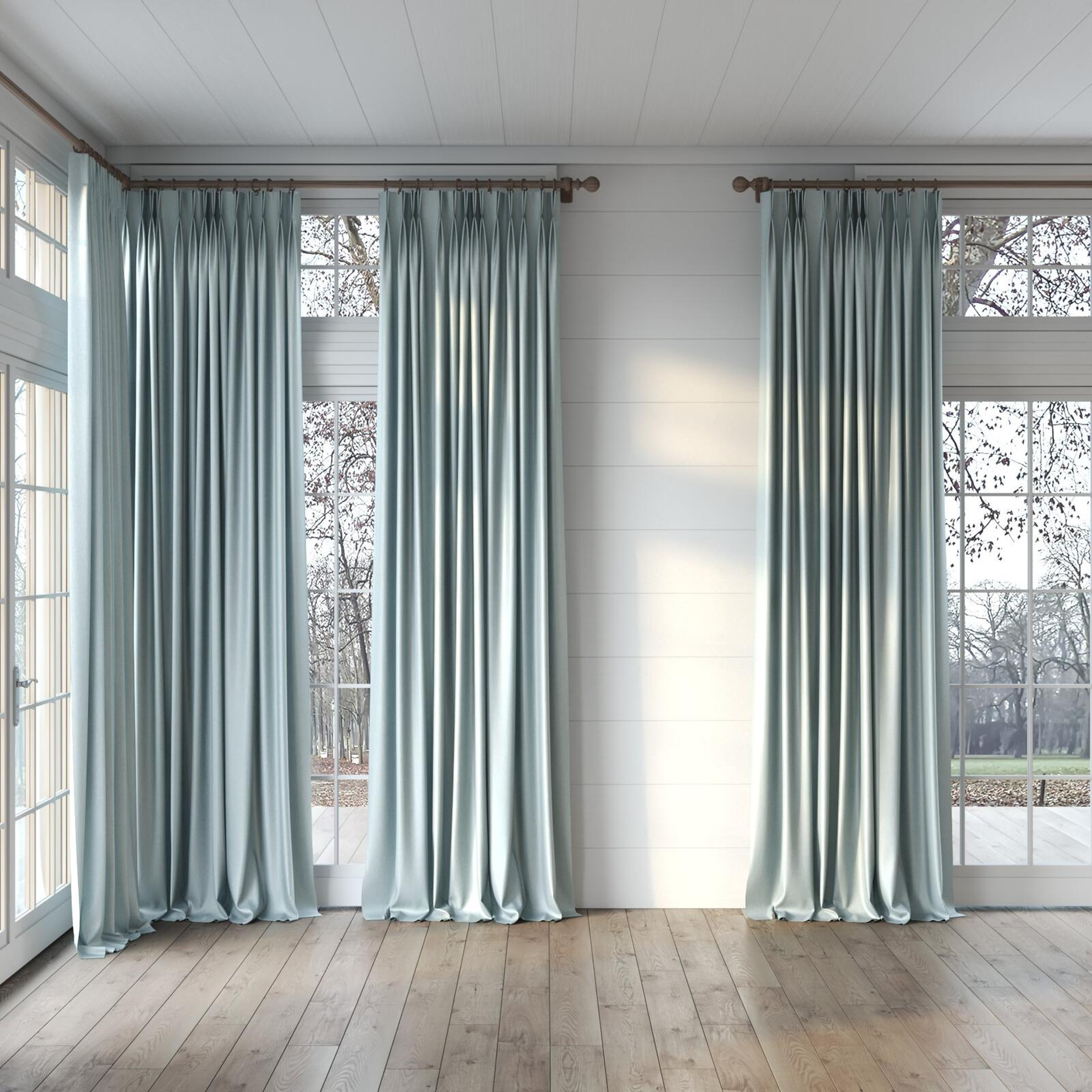 Full view of Matrix Aqua, puddled, on curtain rod