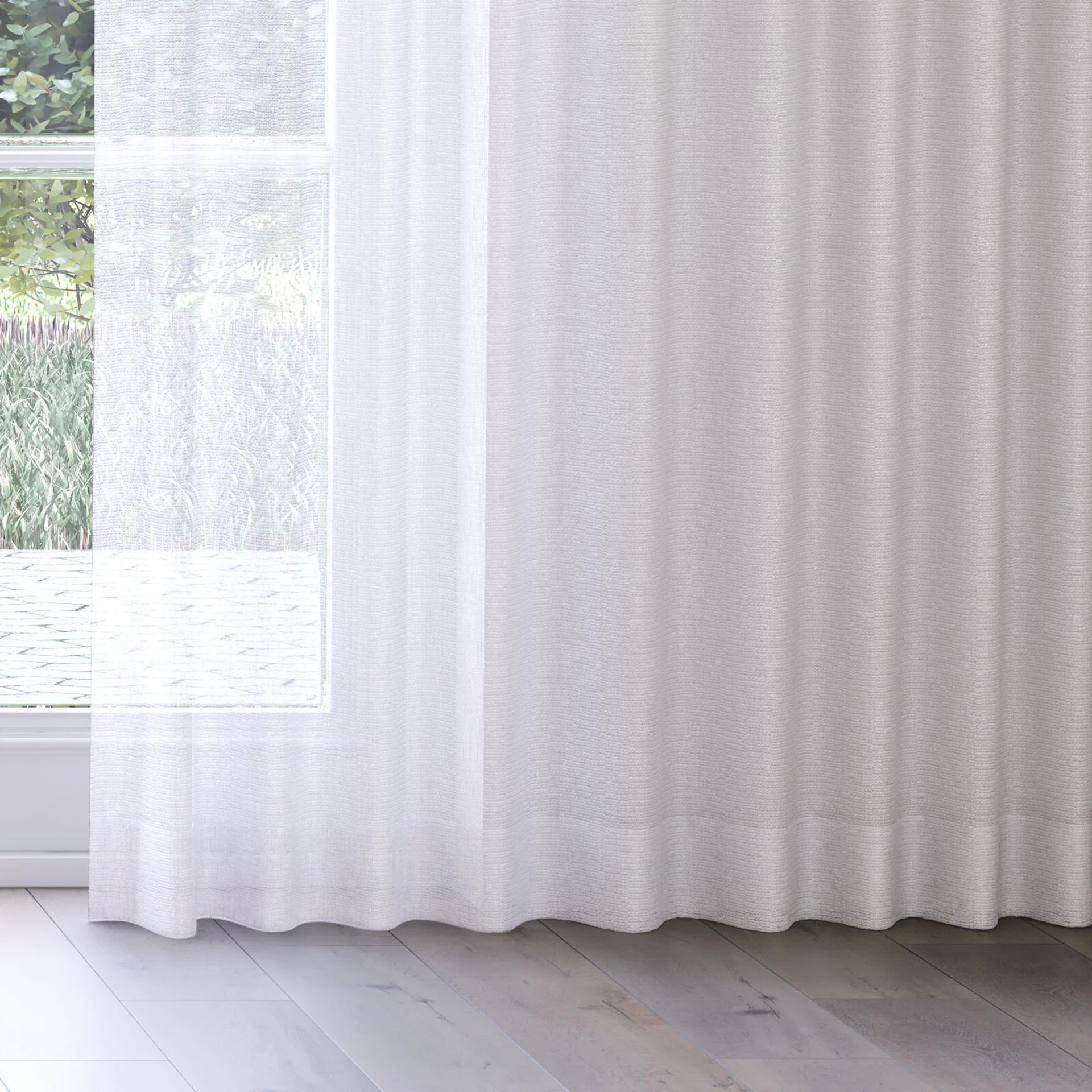 Bottom view of Mathilde Mist, on curtain rail