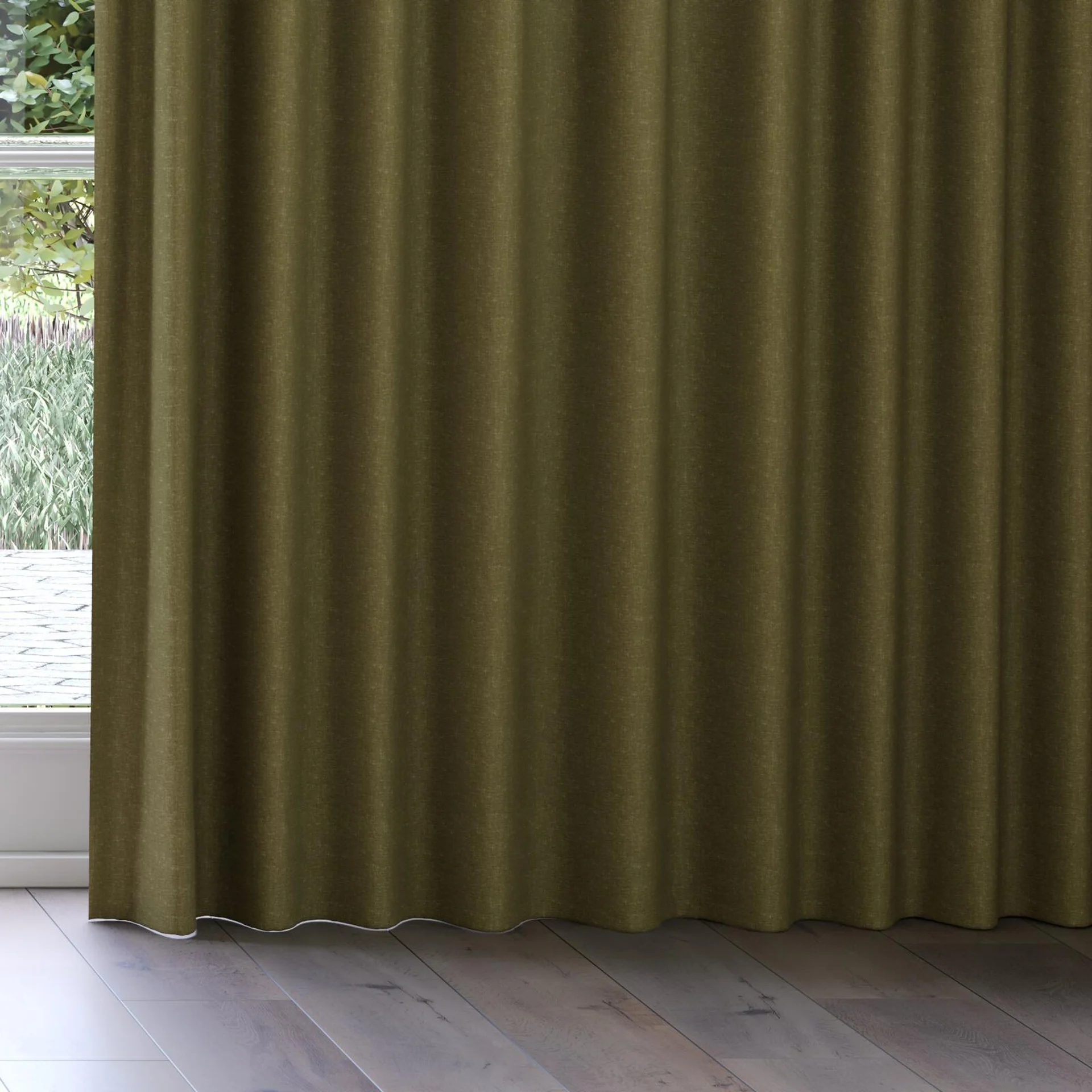 Bottom view of Coverlet Hunter, on curtain rail