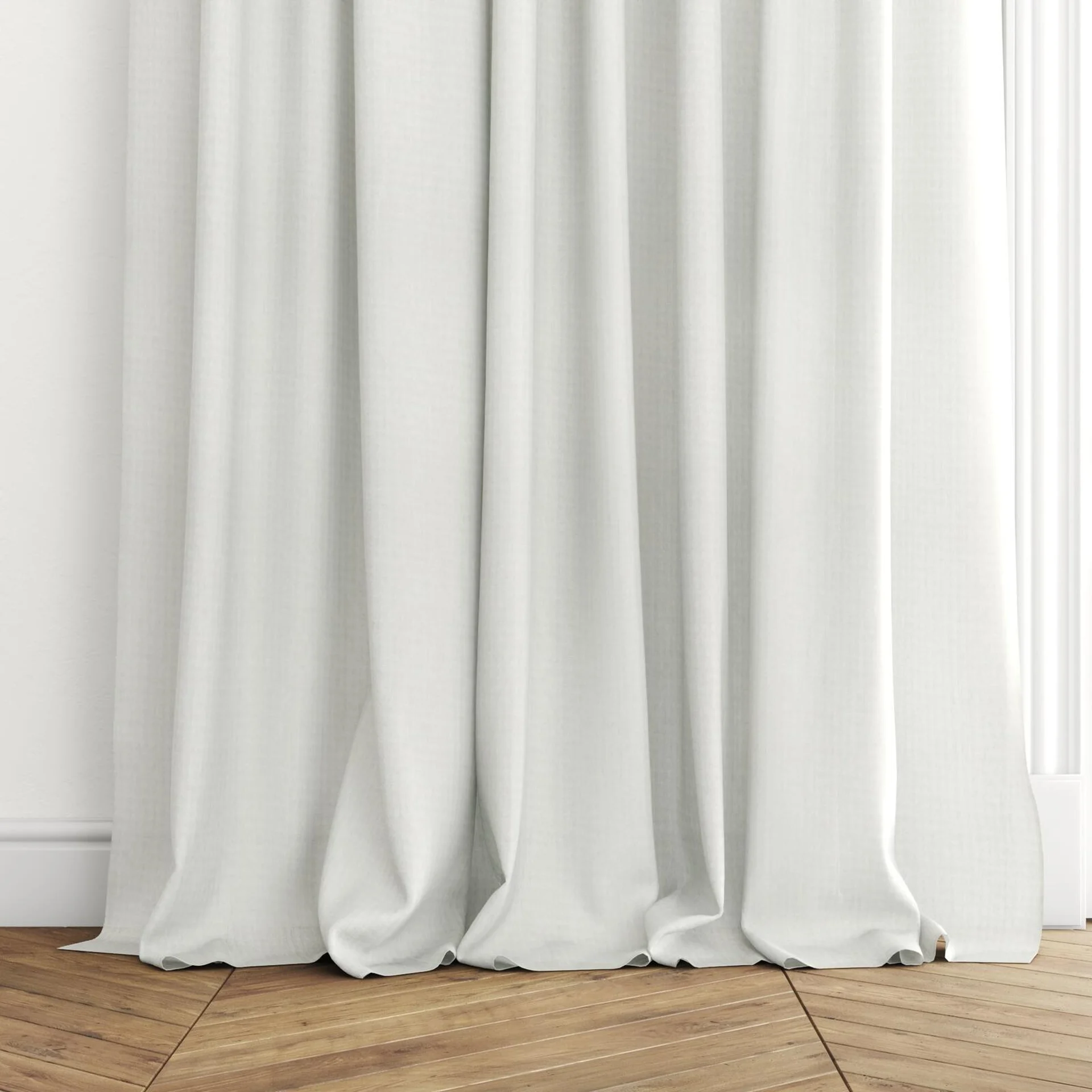 Bottom view of Crystal Natural, puddled with pinch pleat, on curtain rod