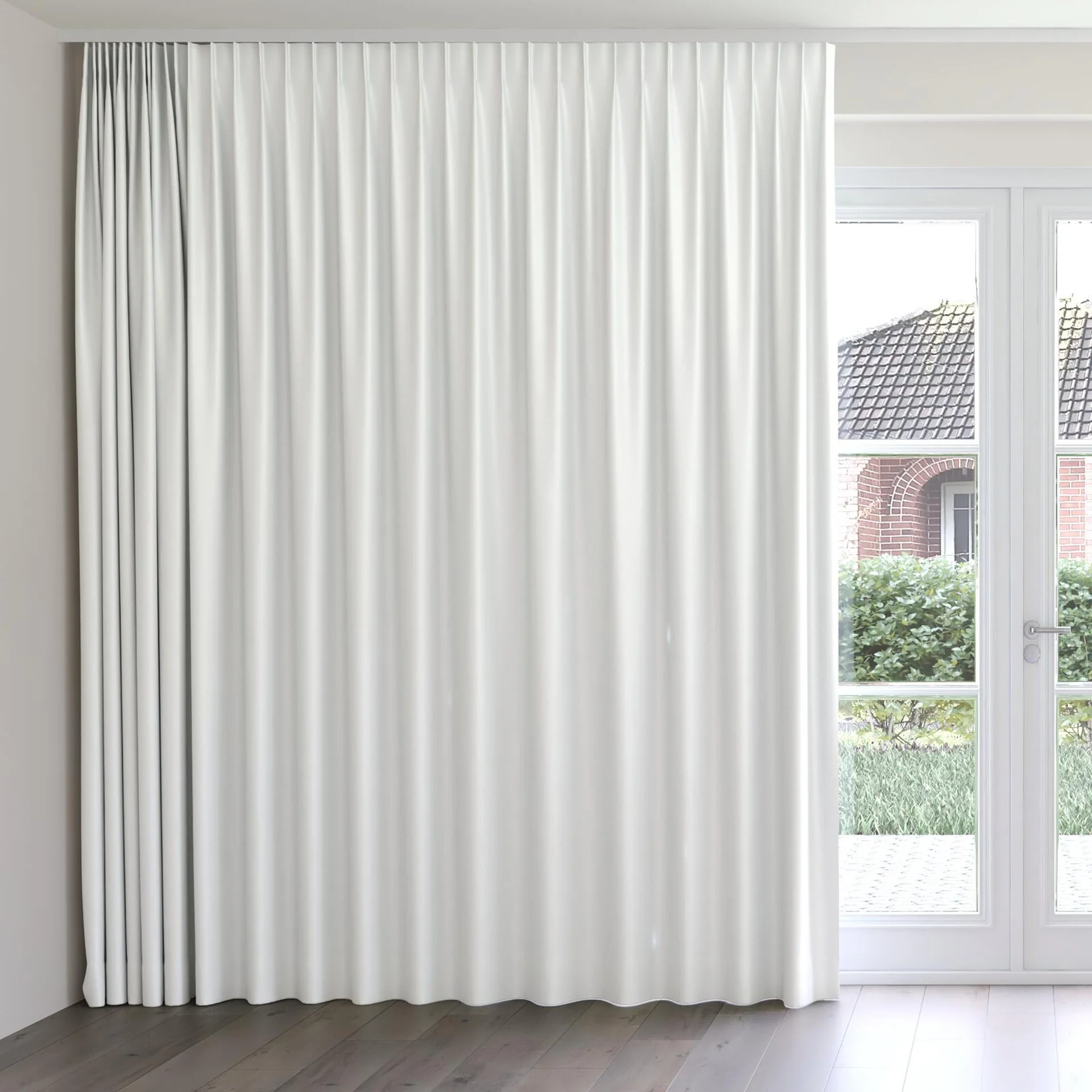 Front view of Stallion 2 Blackout Chalk, on curtain rail