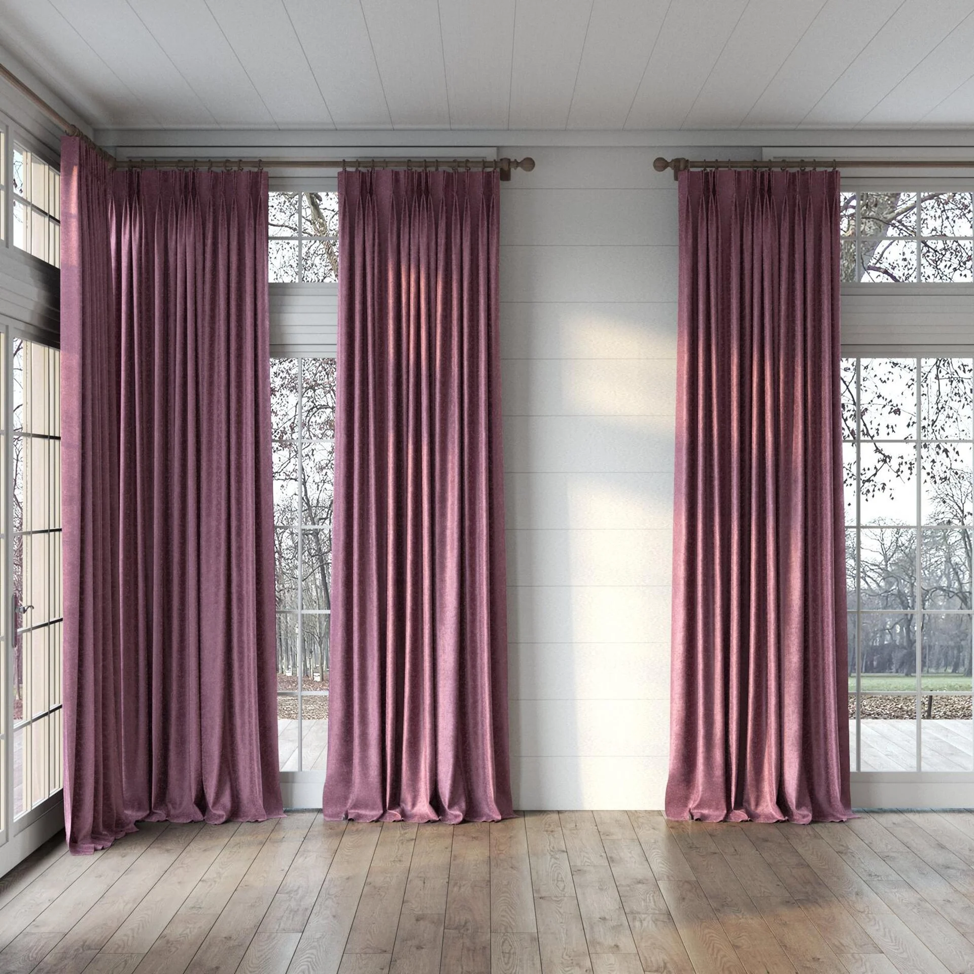 Full view of Brigadier Plum, puddled, on curtain rod