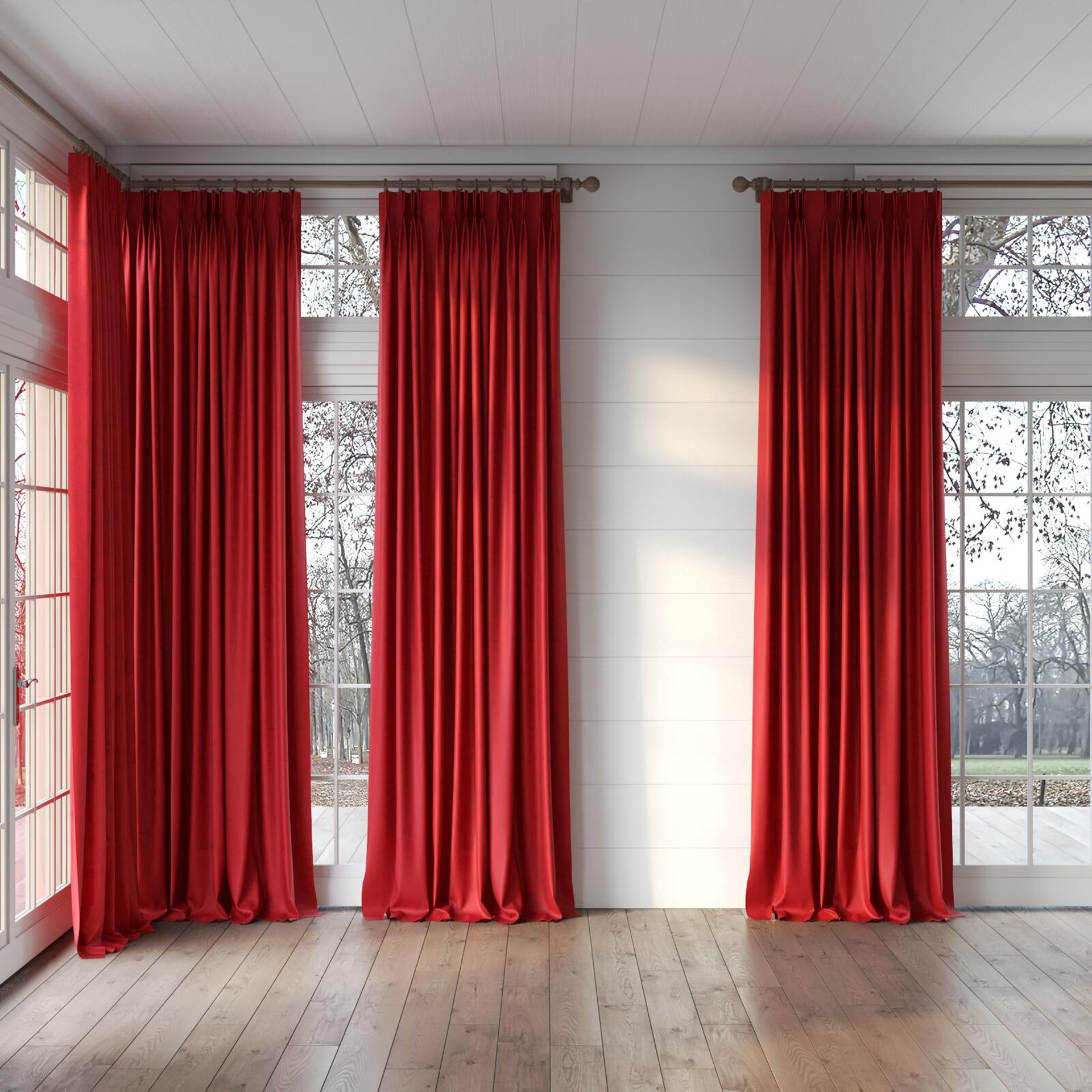 Full view of Gloria Poppy, puddled, on curtain rod