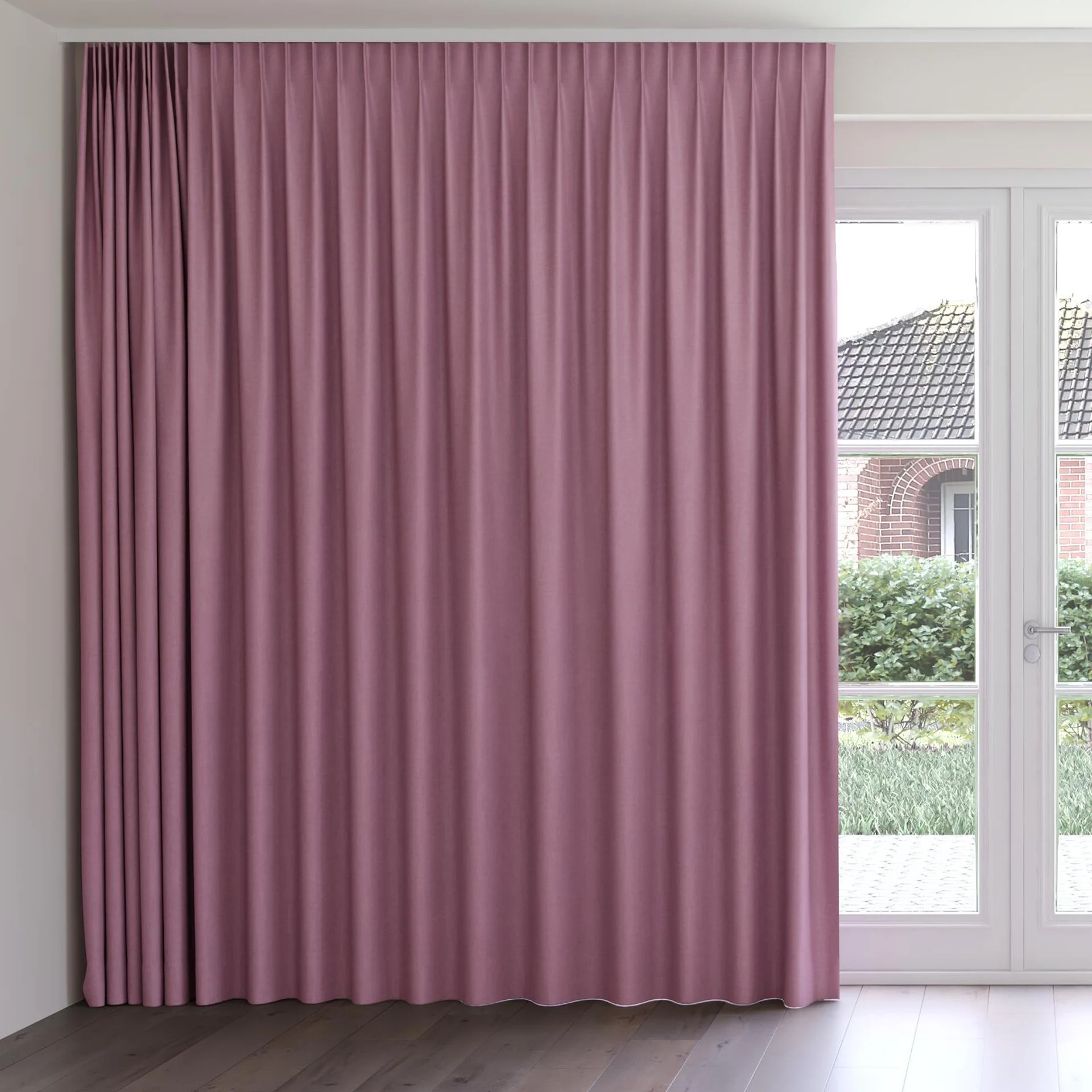 Front view of Cushy Orchid, on curtain rail