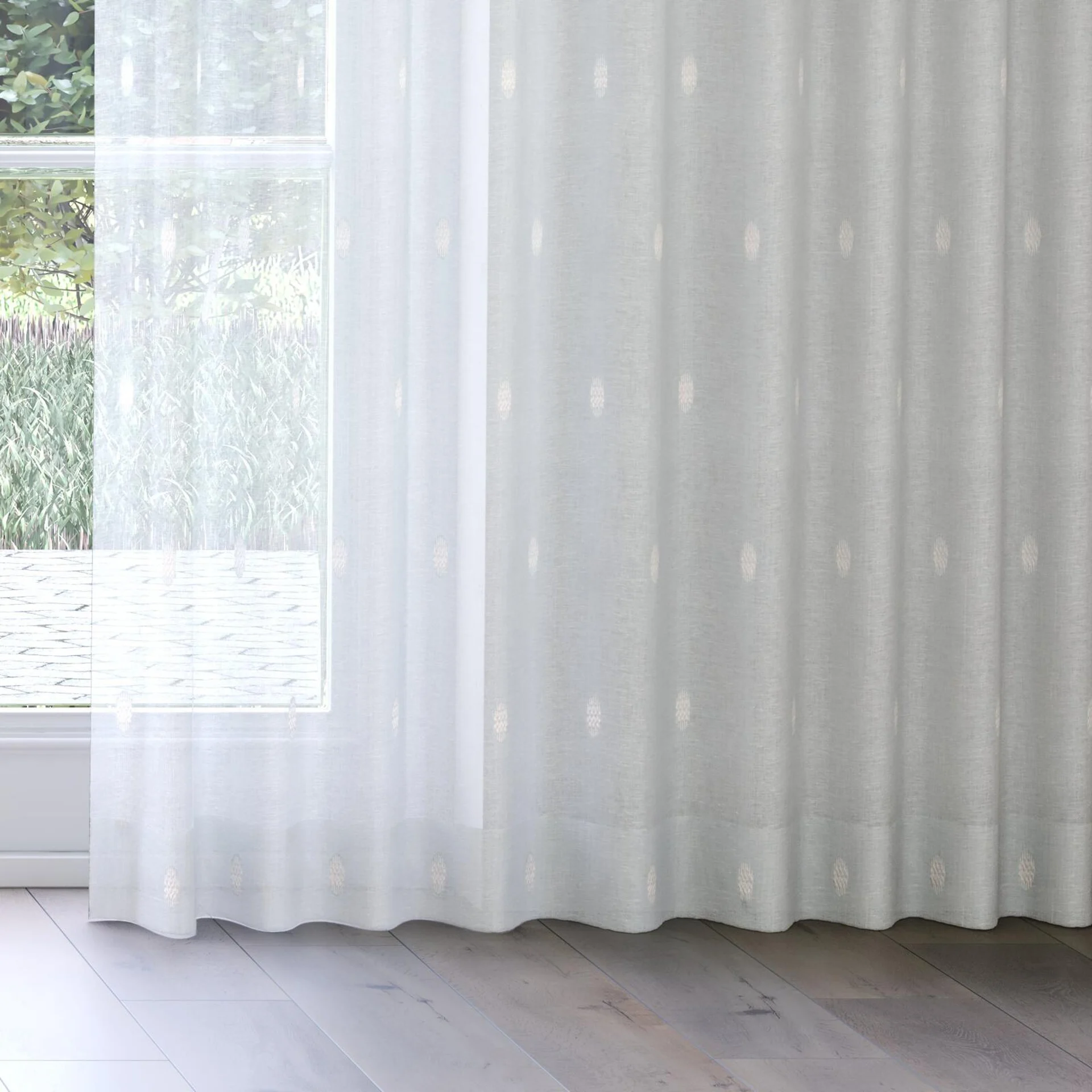Bottom view of Gentle Dew, on curtain rail