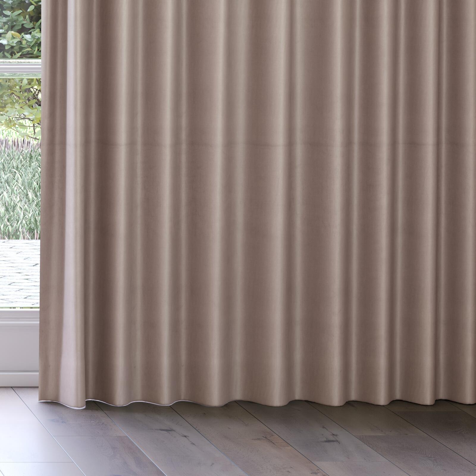 Bottom view of Warlock Taupe, on curtain rail
