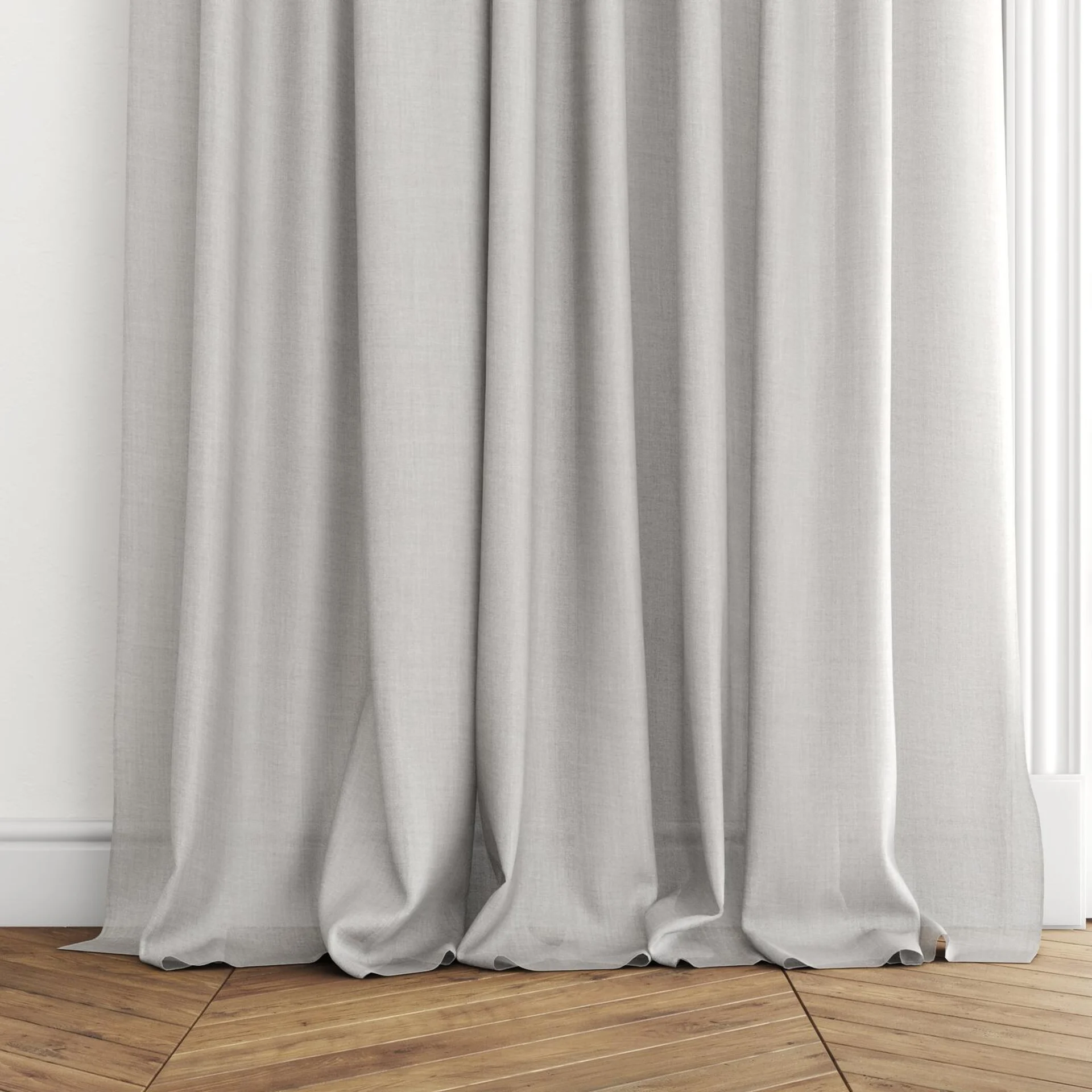 Bottom view of Uru Mist, puddled with pinch pleat, on curtain rod