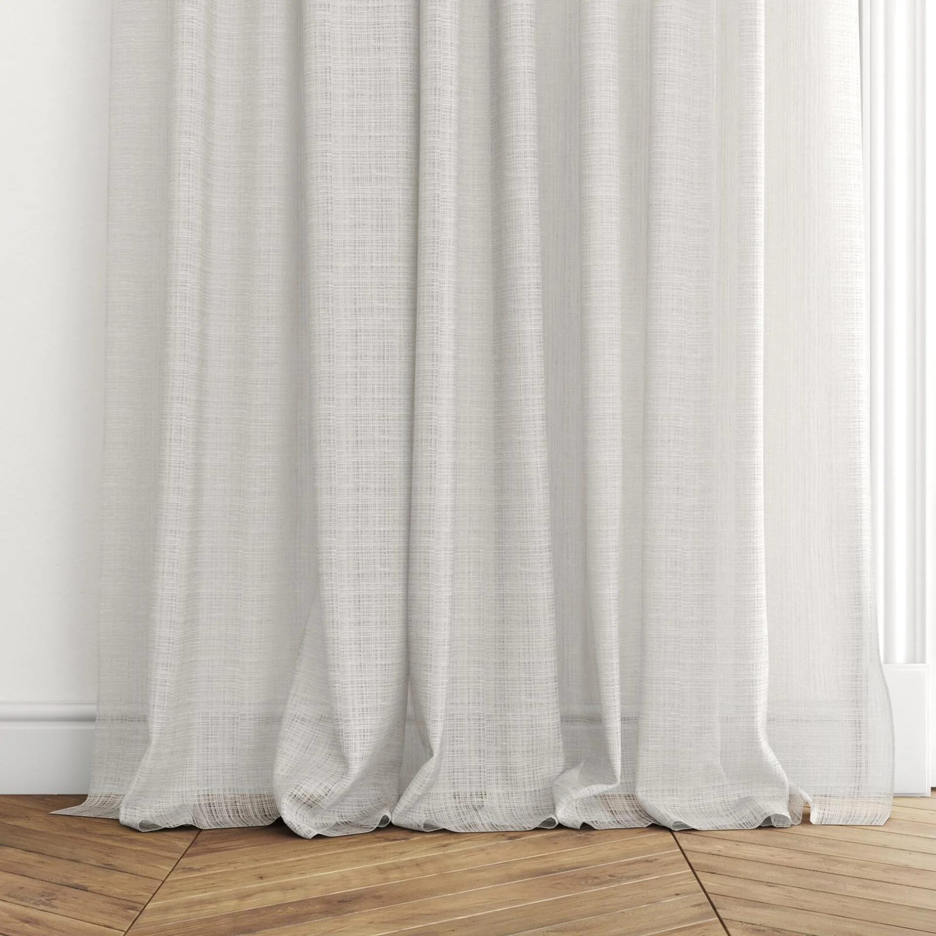 Bottom view of Scandinese Sand, puddled with pinch pleat, on curtain rod