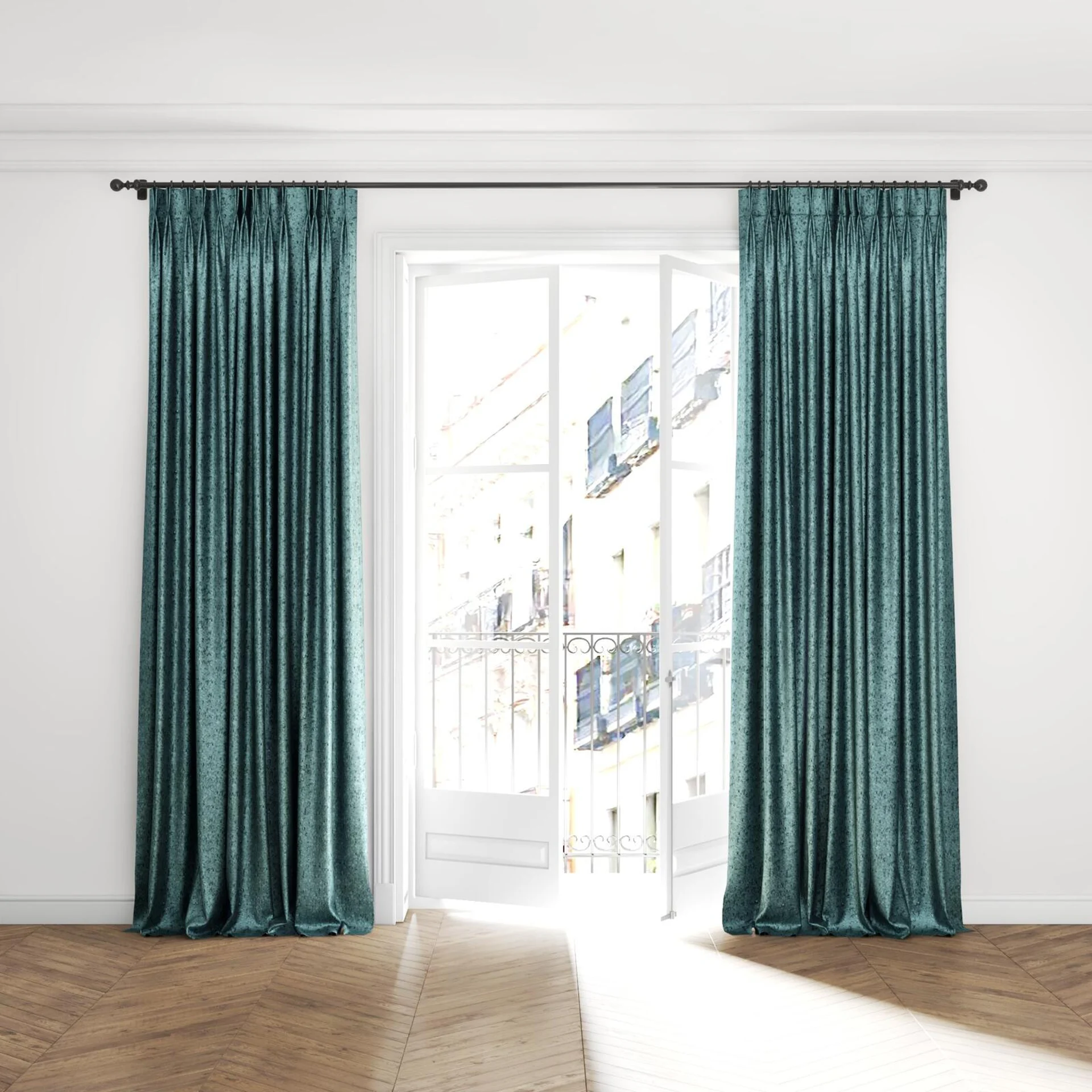 Full view of Opera Scuba, puddled with pinch pleat, on curtain rod