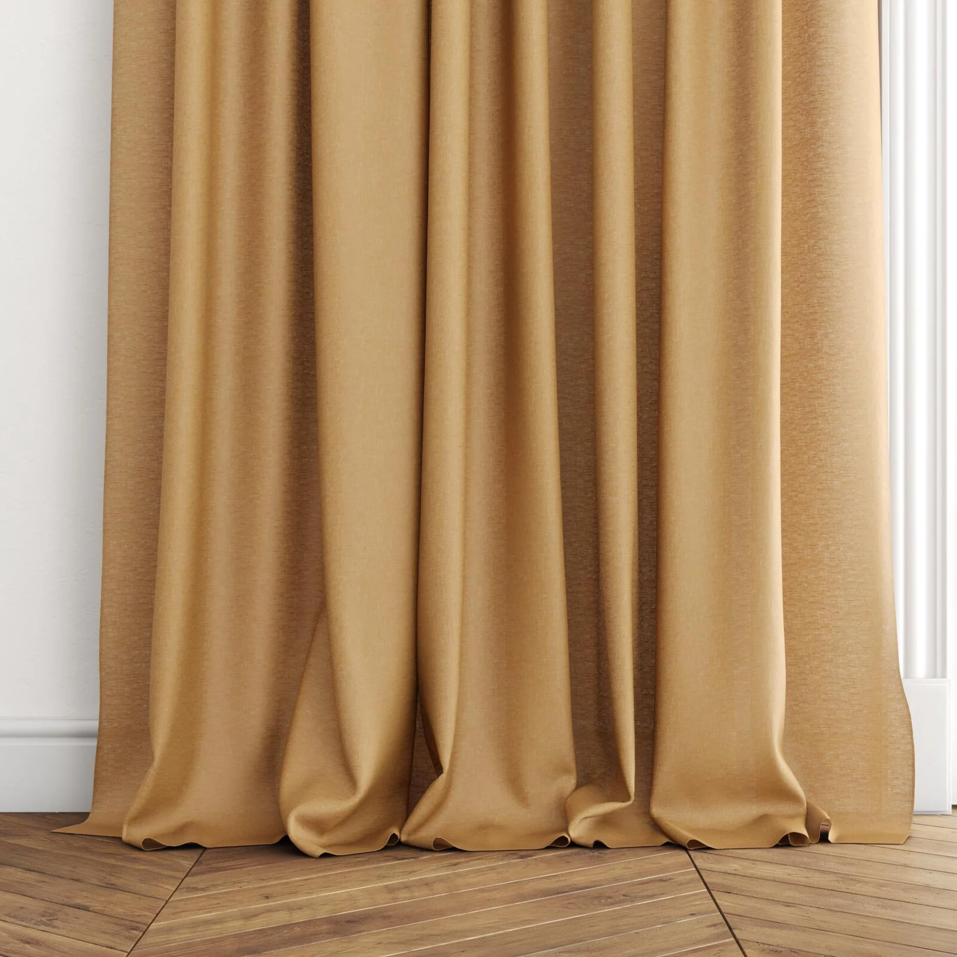 Bottom view of Laconia Air Rust, puddled with pinch pleat, on curtain rod