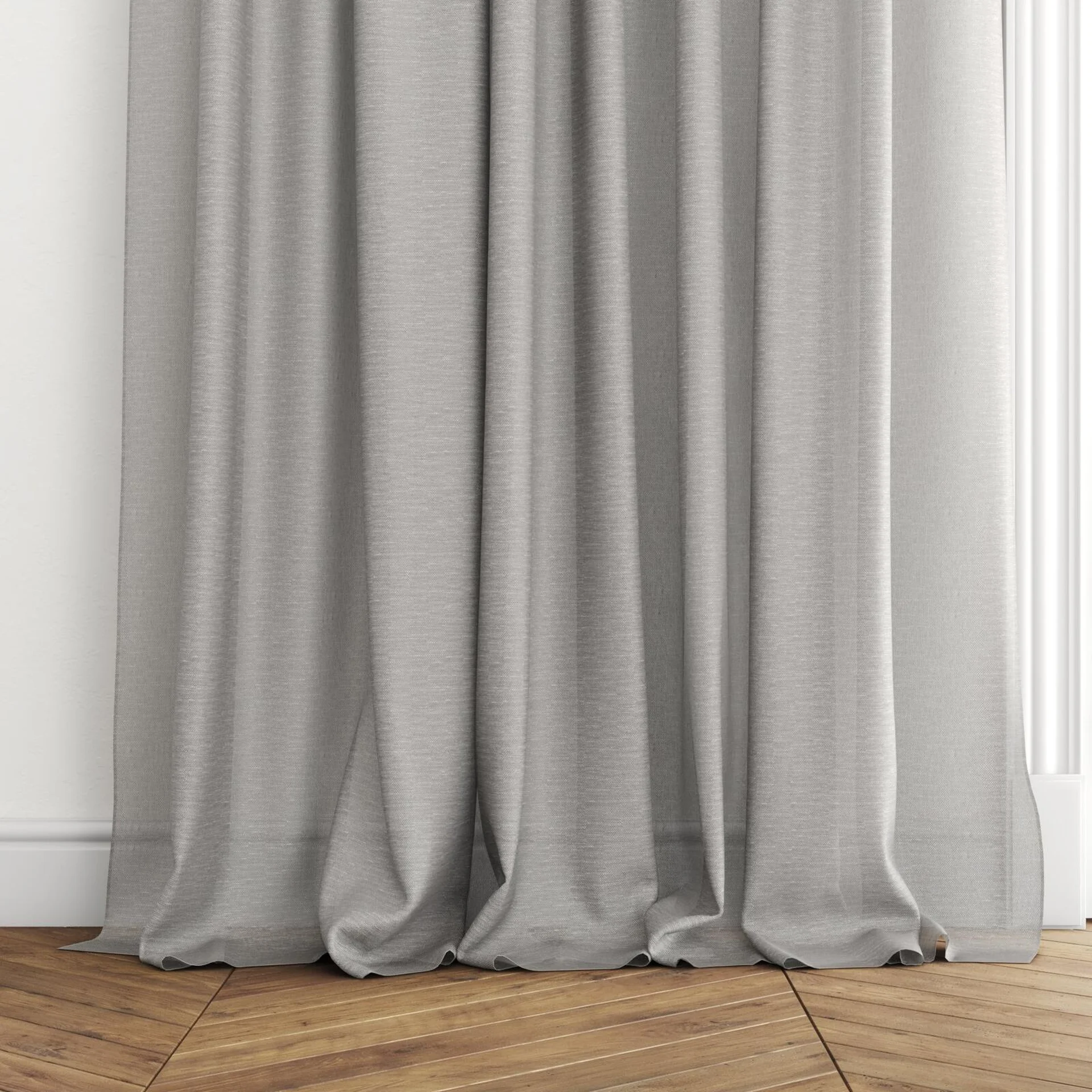 Bottom view of Alcova Iron, puddled with pinch pleat, on curtain rod