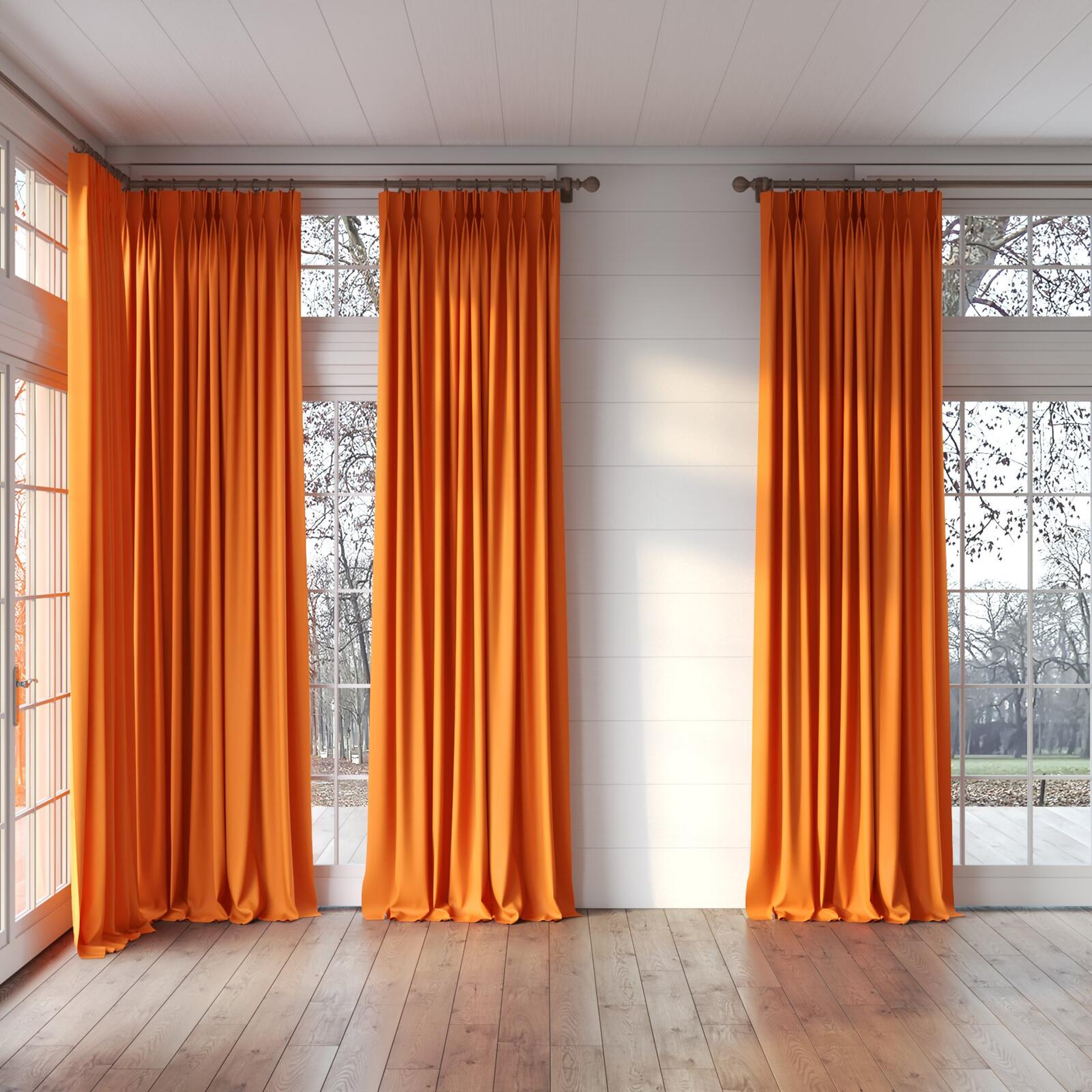Full view of Ultra Dim Pumpkin, puddled, on curtain rod