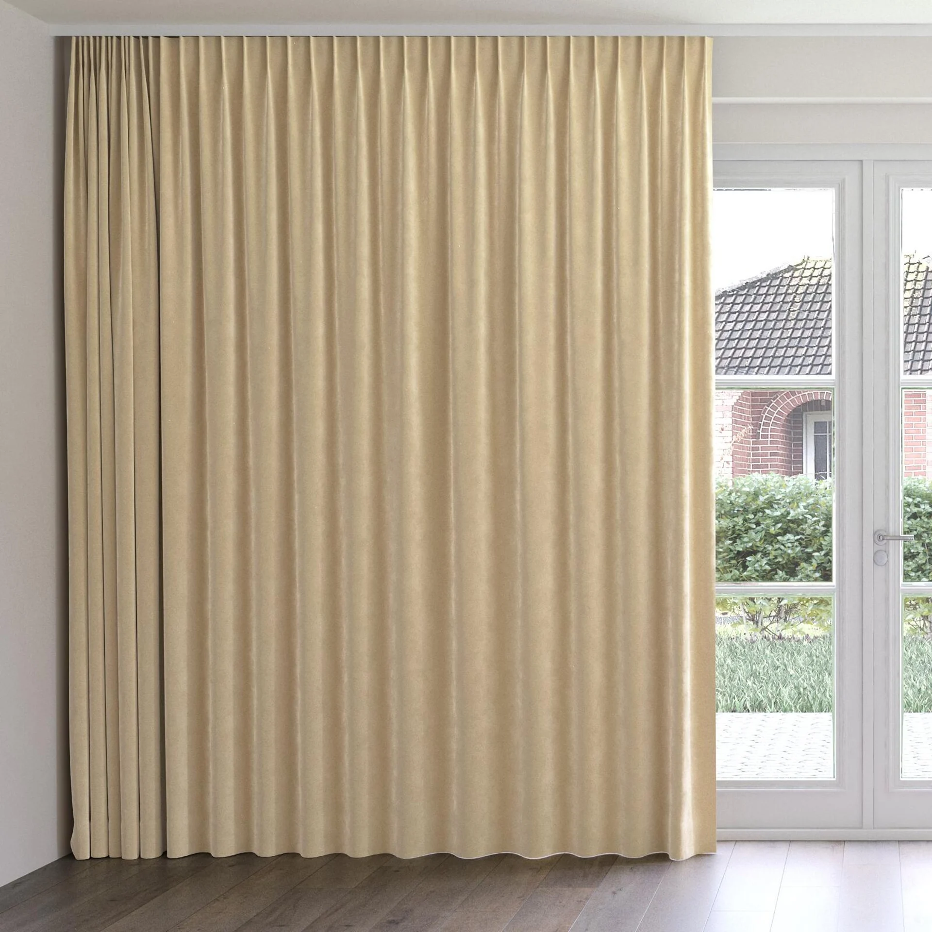 Front view of Lux Velvet Linen 8302, on curtain rail