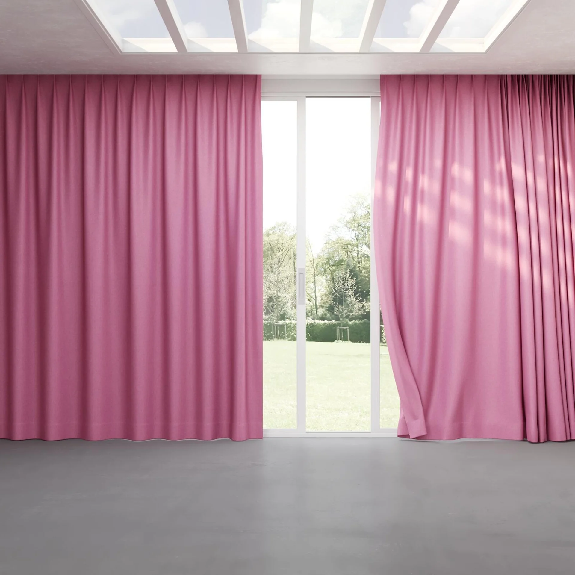 Full view of Hometown Fuchsia, pinch pleat