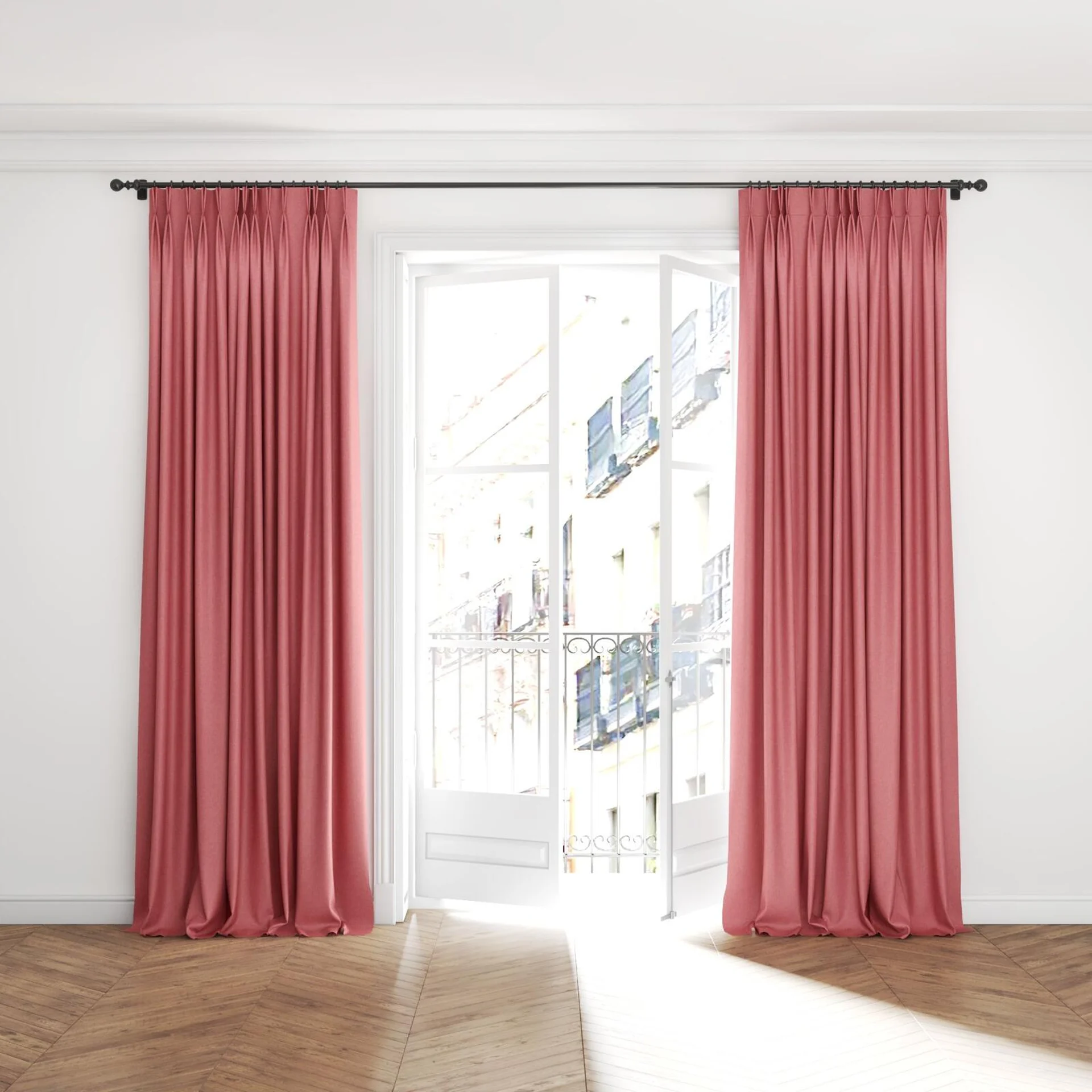 Full view of Hometown Strawberry, puddled with pinch pleat, on curtain rod