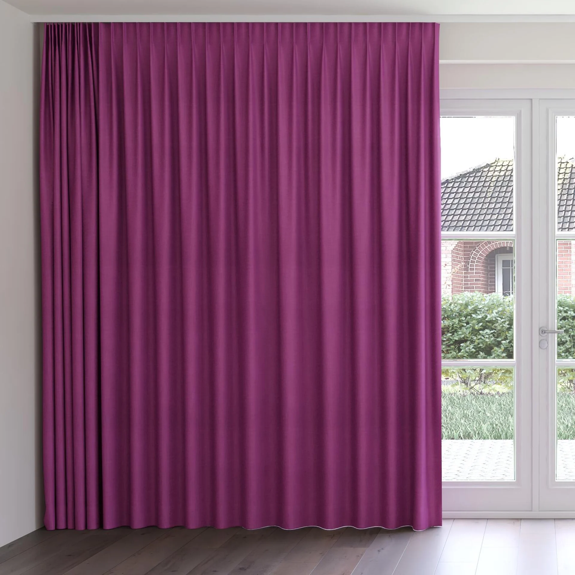 Front view of Loci Dim Out Fuchsia, on curtain rail