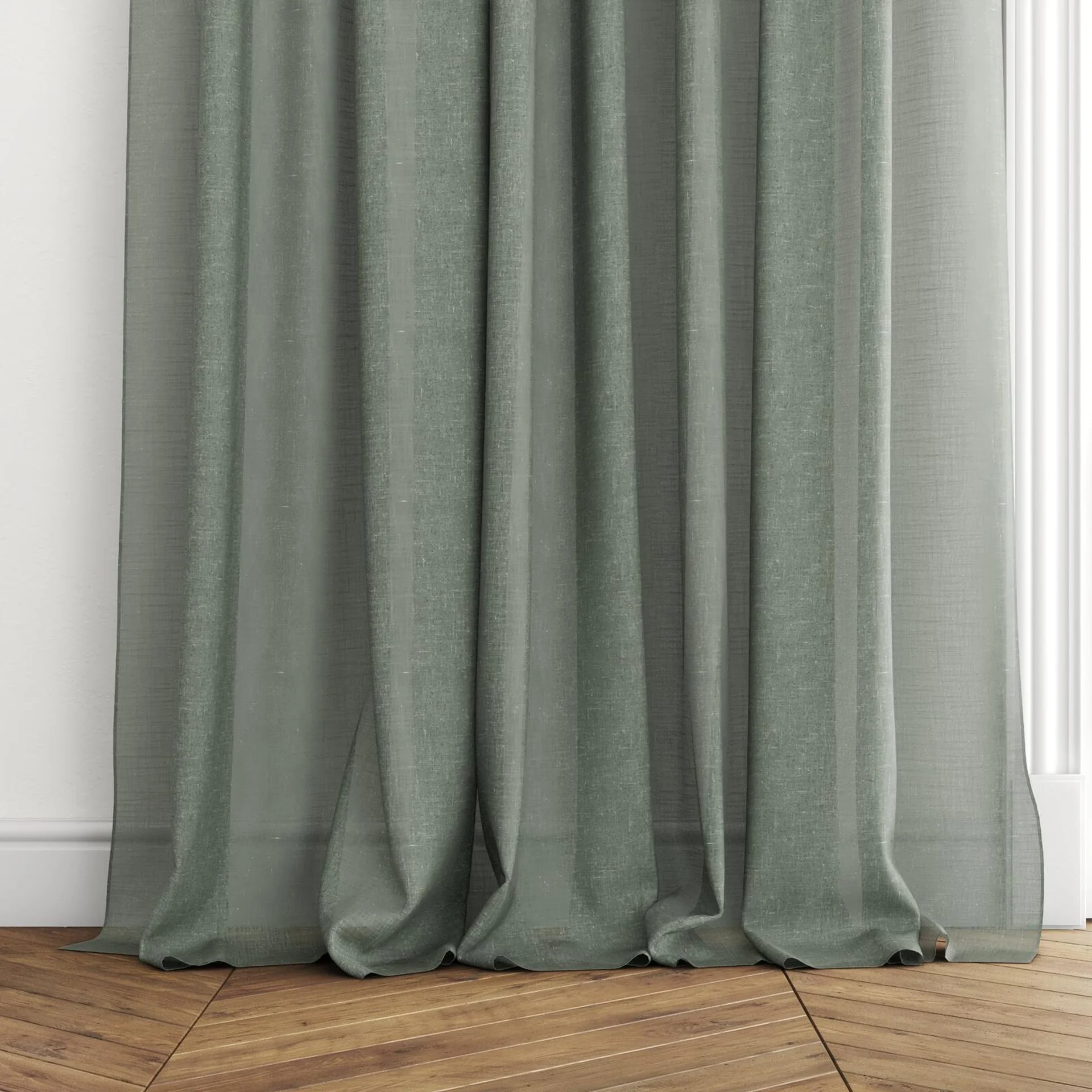 Bottom view of Uno Peacock, puddled with pinch pleat, on curtain rod