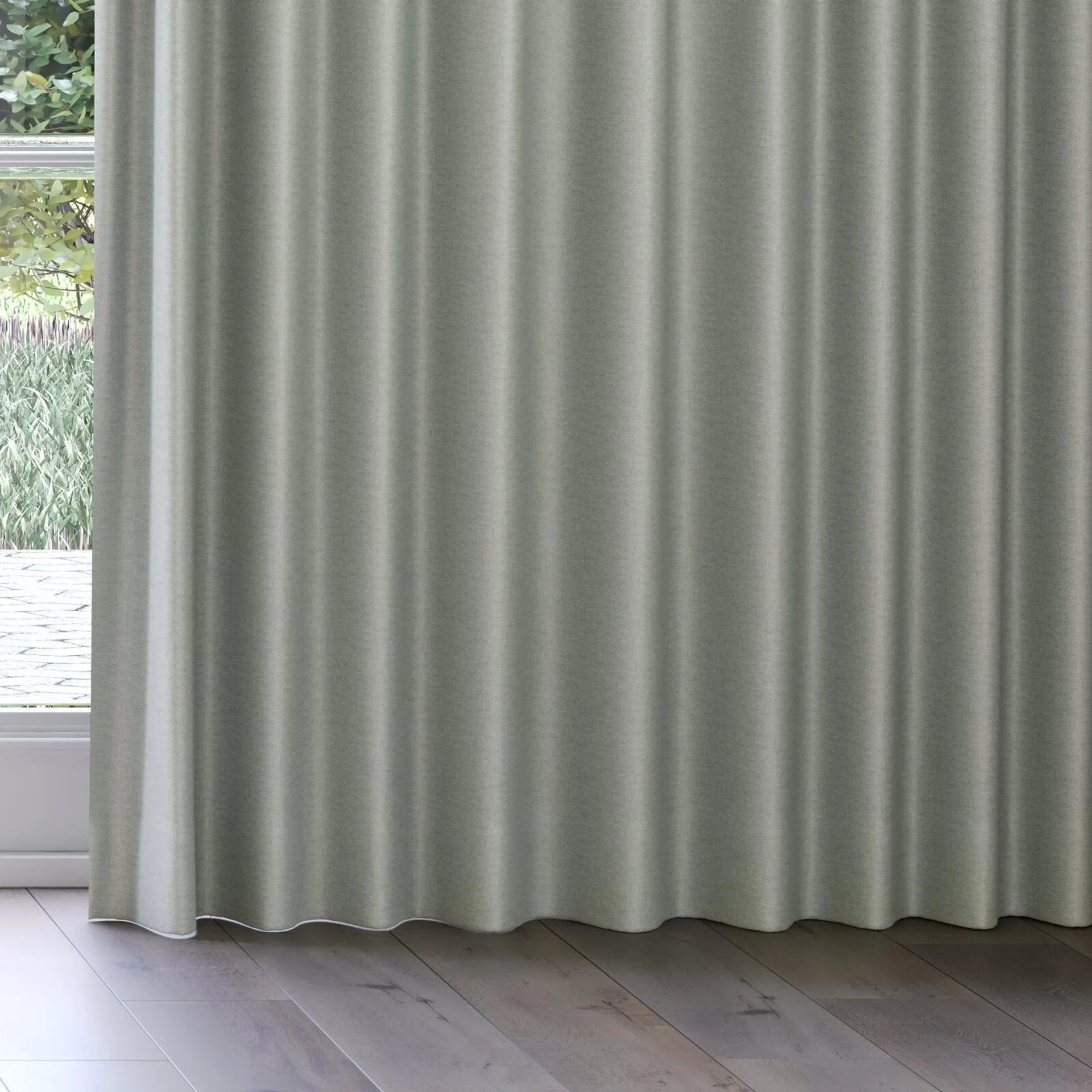 Bottom view of Eclipse Blackout Celadon, on curtain rail