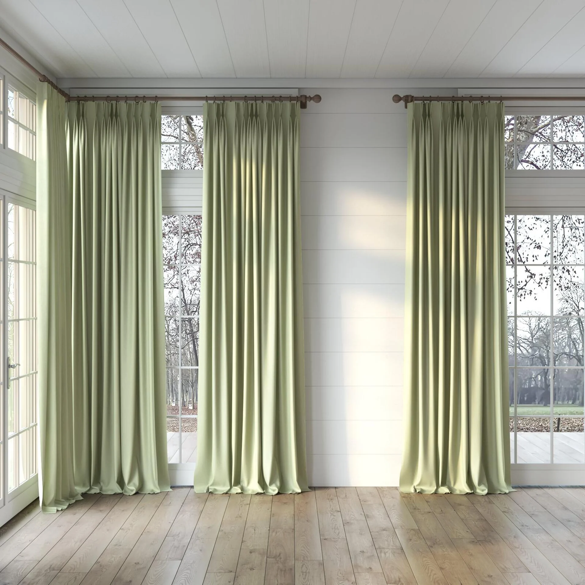 Full view of Excel Pear, puddled, on curtain rod