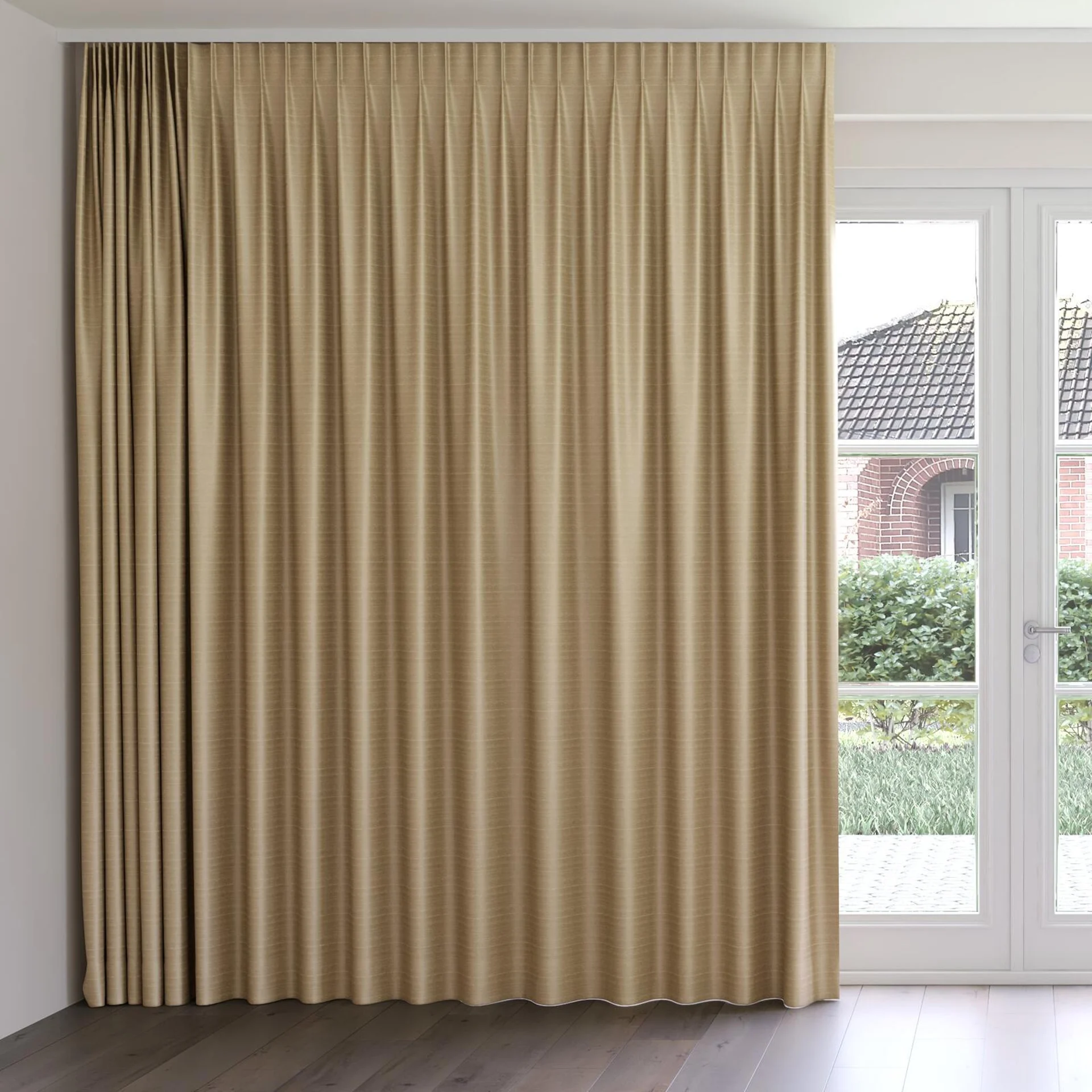 Front view of Silky Earth, on curtain rail