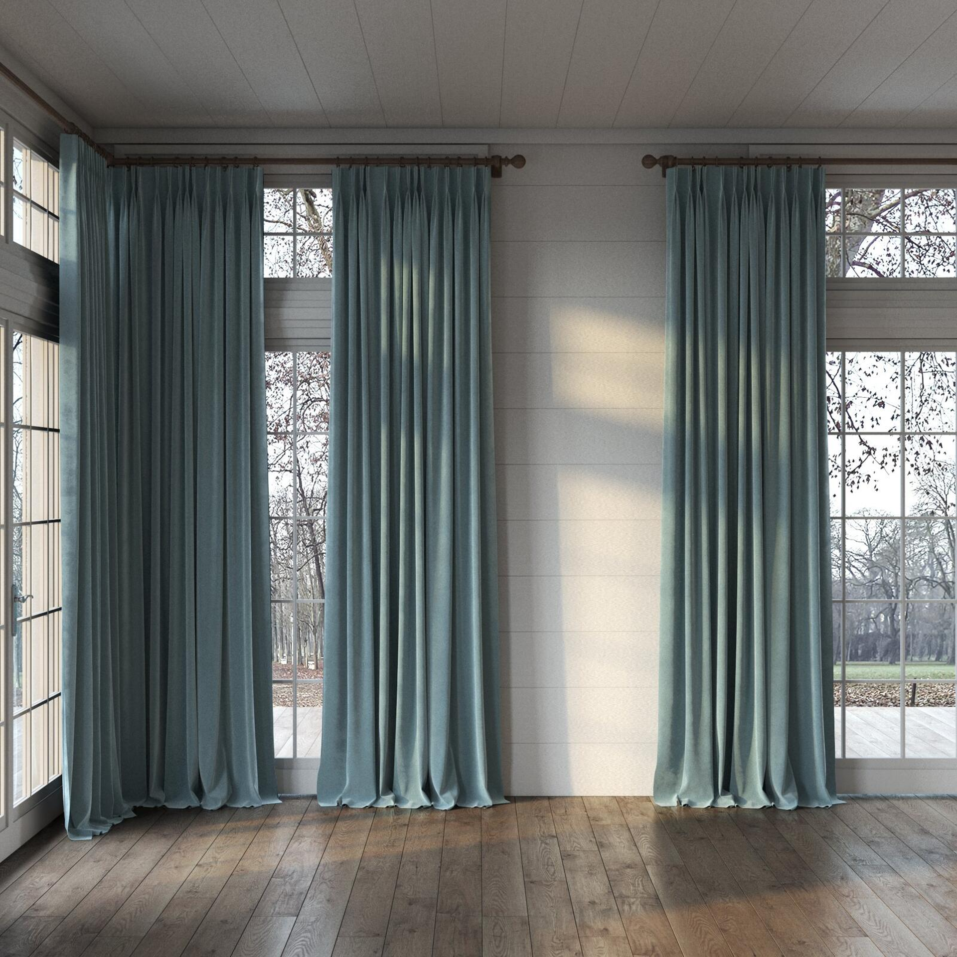 Full view of Verbier Aqua, puddled, on curtain rod