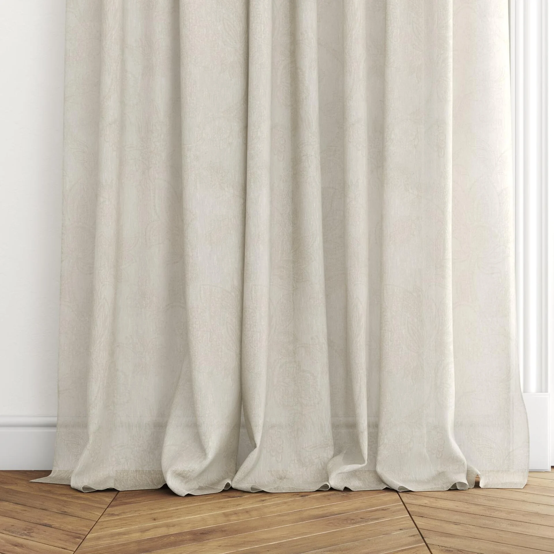 Bottom view of Savona Raffia, puddled with pinch pleat, on curtain rod
