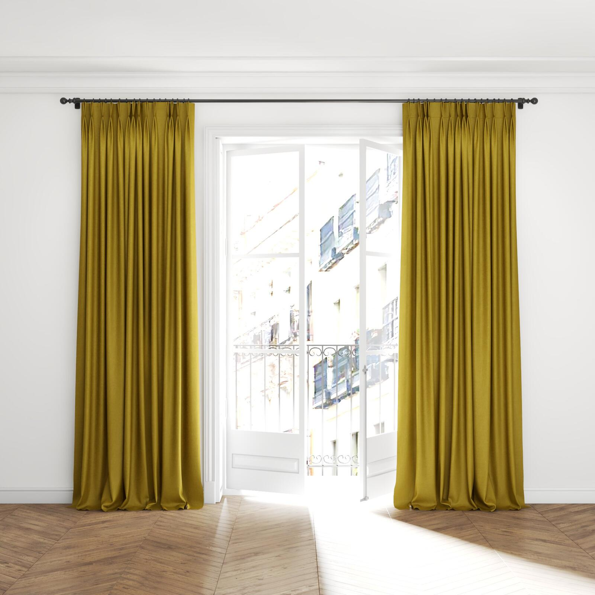 Full view of Bronco Pear, puddled with pinch pleat, on curtain rod