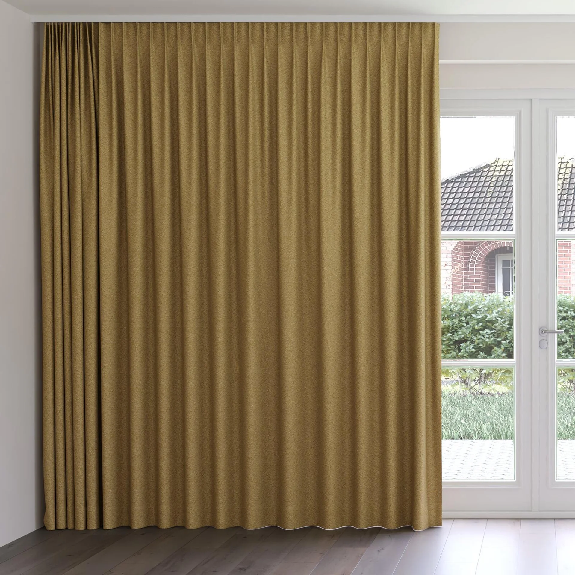 Front view of Bora Bora Gold, on curtain rail