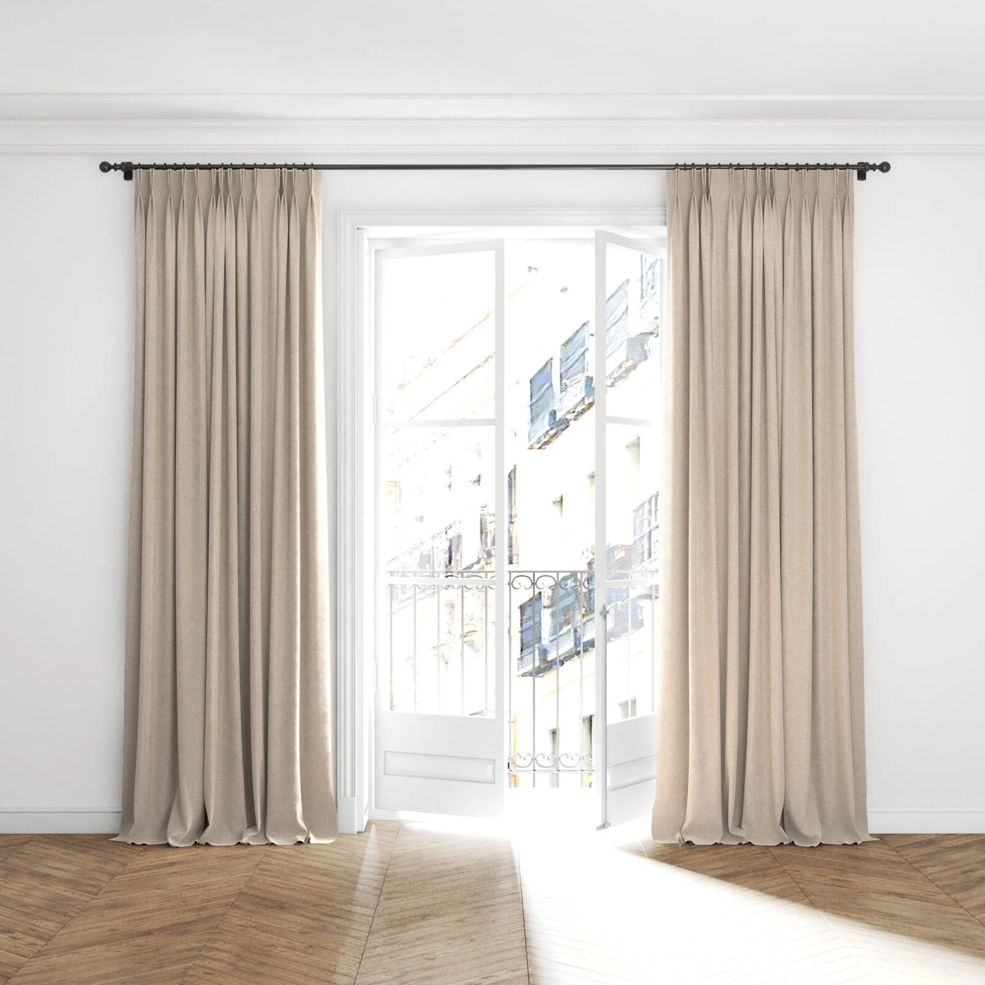 Full view of Moon Sesame, puddled with pinch pleat, on curtain rod