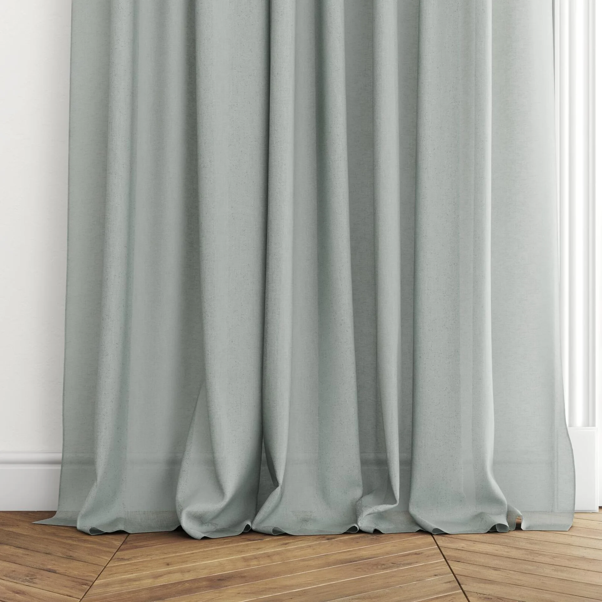 Bottom view of Elevate Sage, puddled with pinch pleat, on curtain rod