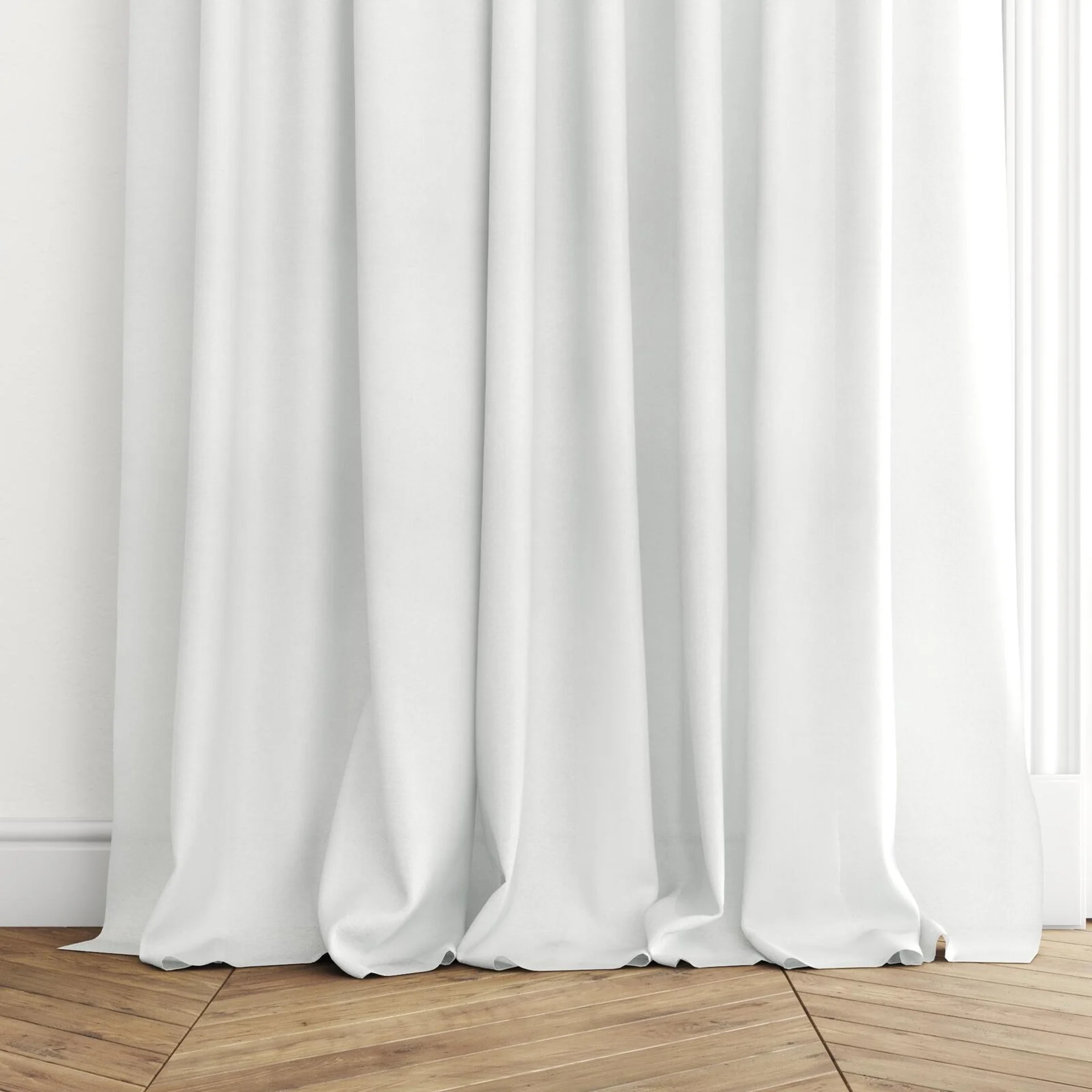 Bottom view of Open Alabaster, puddled with pinch pleat, on curtain rod