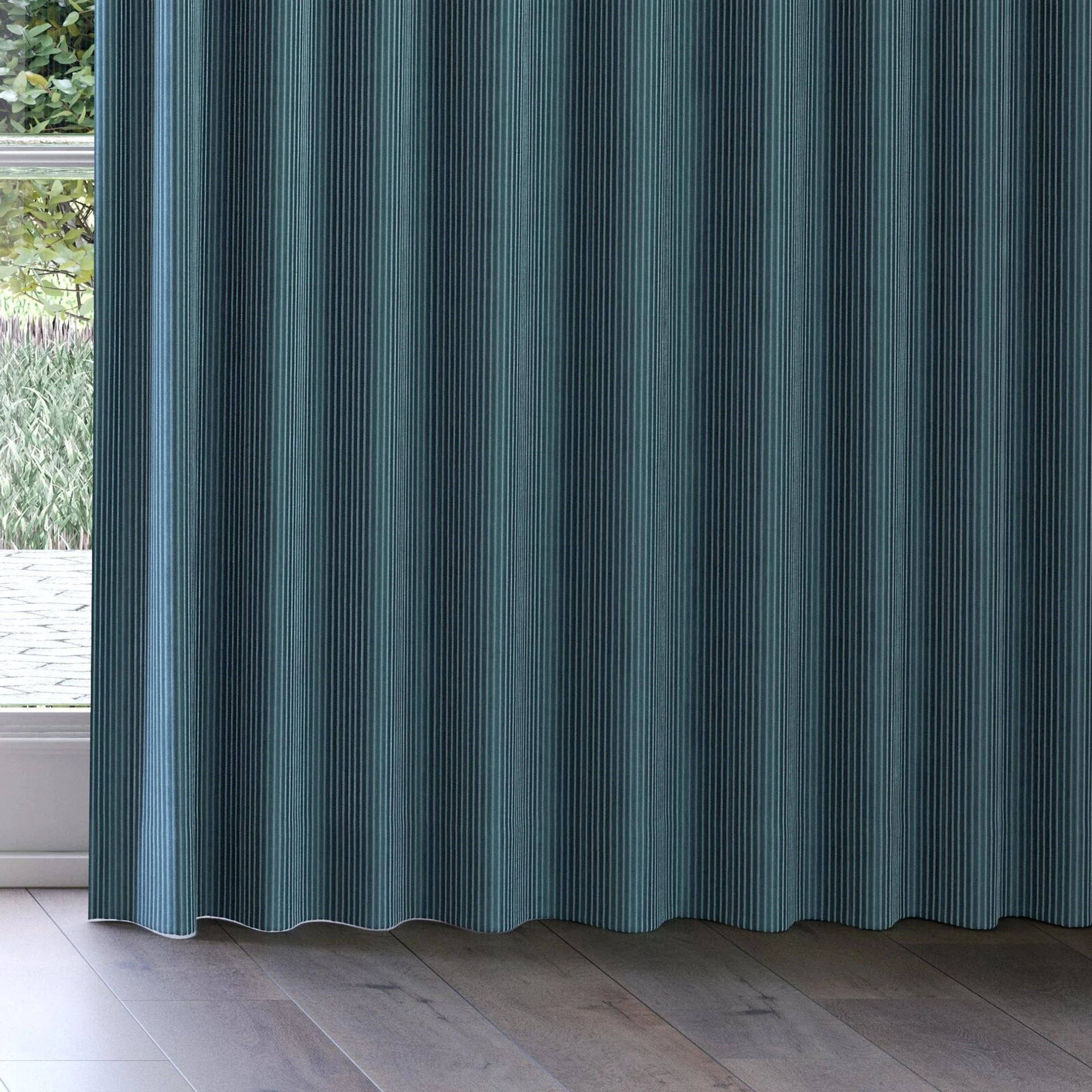 Bottom view of Embrace Teal, on curtain rail