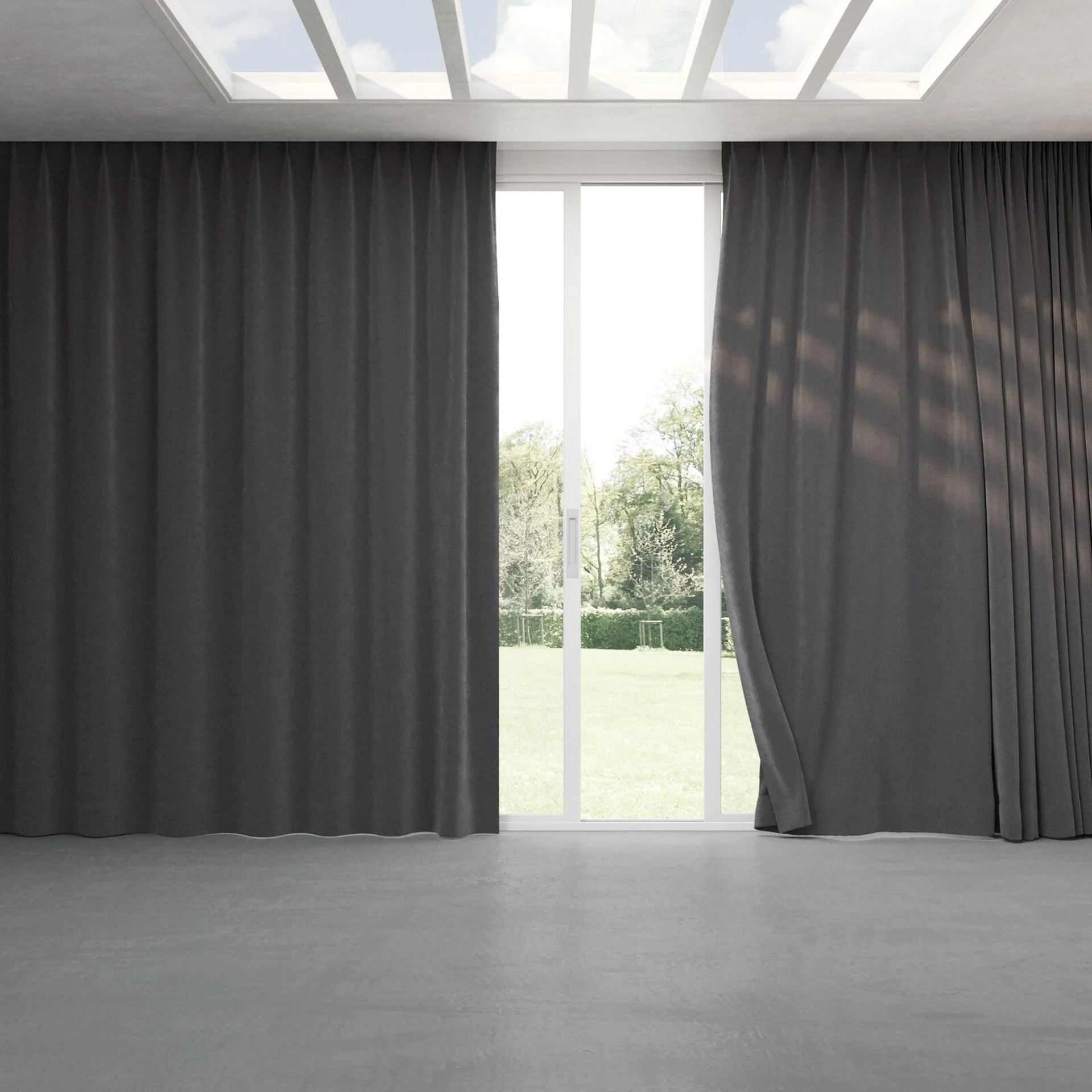 Full view of Lux Velvet Smoke 8703, pinch pleat