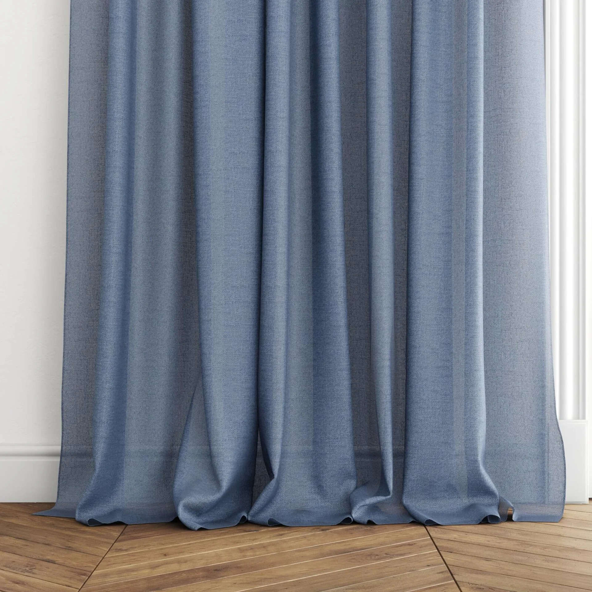 Bottom view of Focus Denim, puddled with pinch pleat, on curtain rod