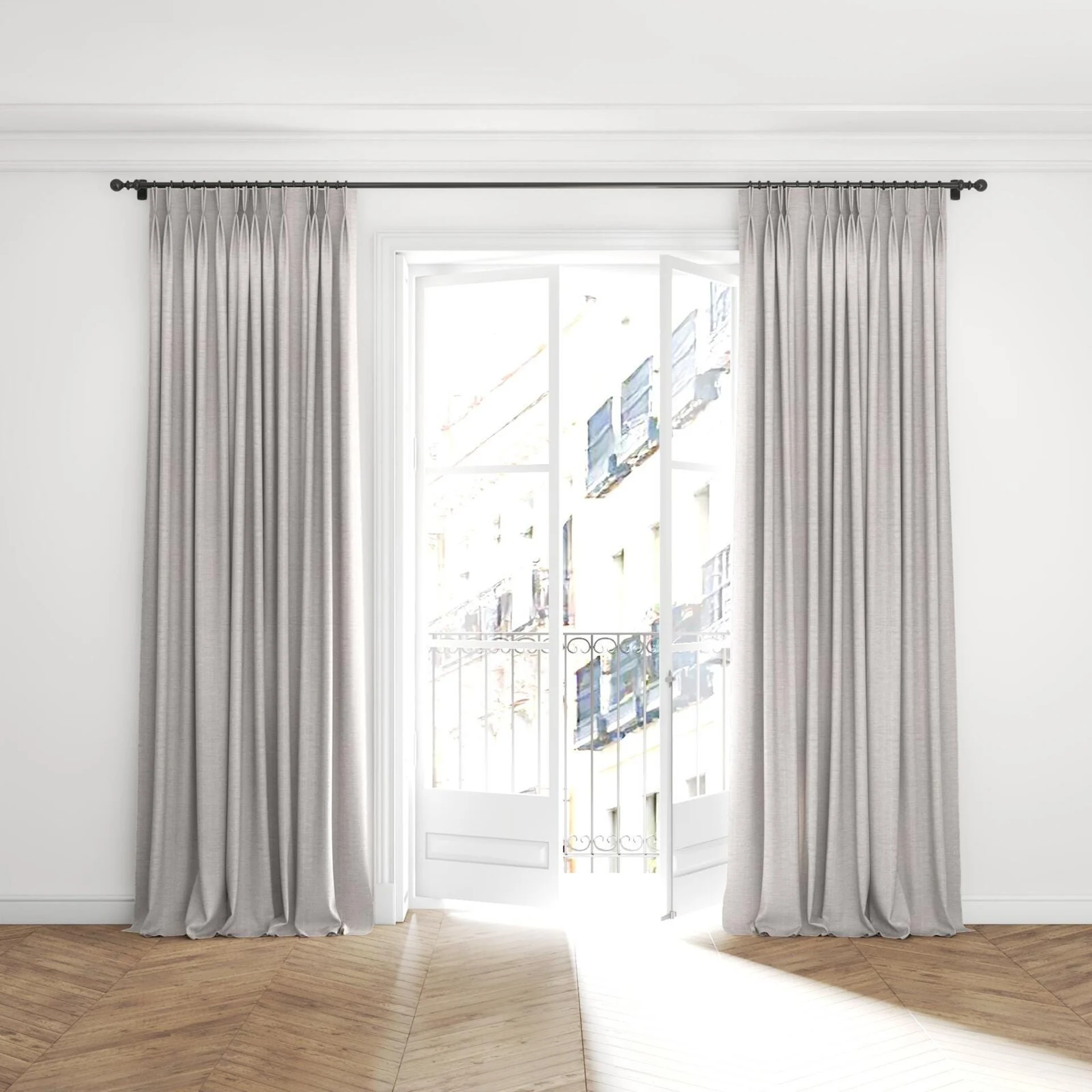 Full view of Iconic Birch, puddled with pinch pleat, on curtain rod