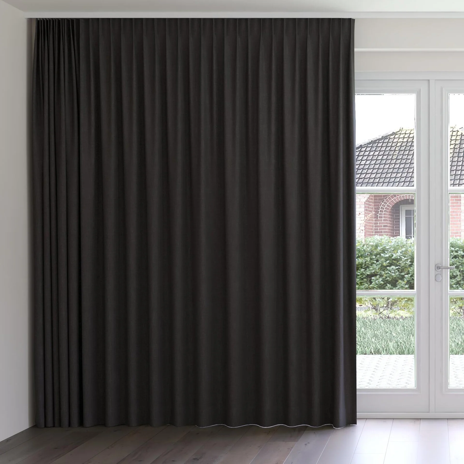 Front view of Cavalry Pewter, on curtain rail