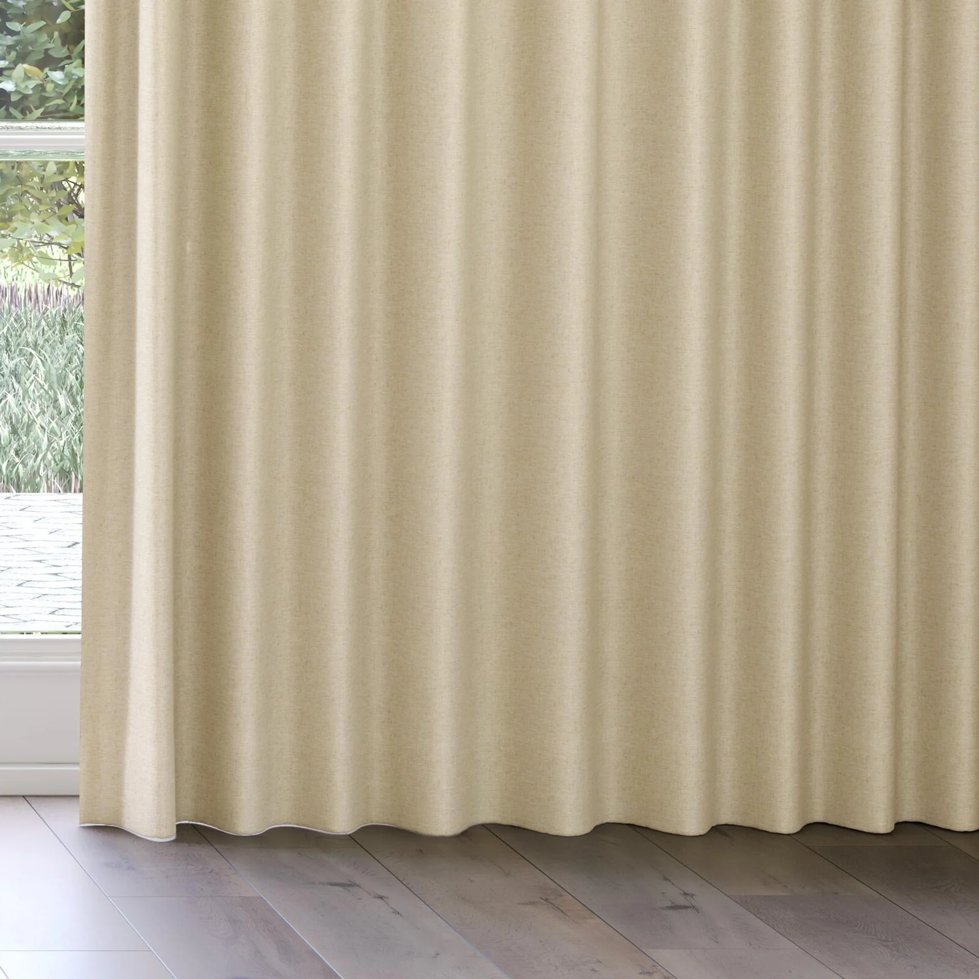 Bottom view of Stonewall Blackout Tan, on curtain rail