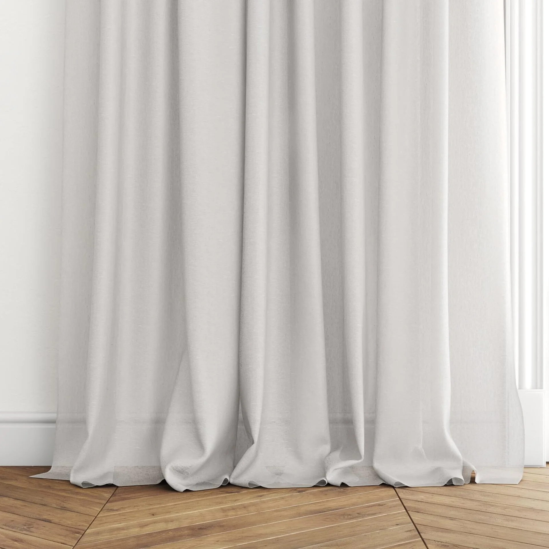Bottom view of Laconia Air Mist, puddled with pinch pleat, on curtain rod