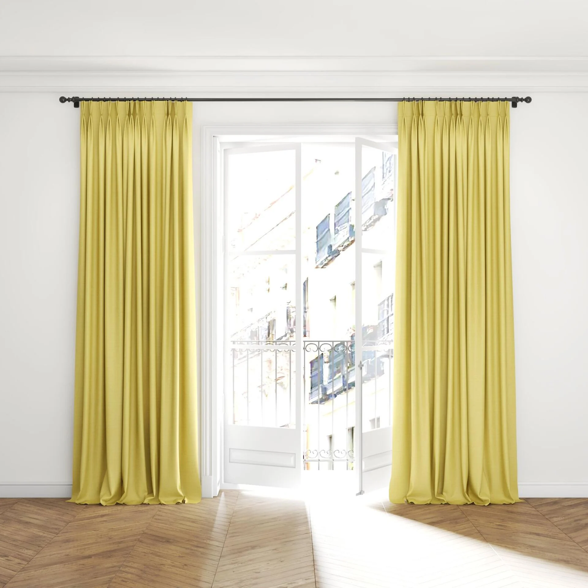 Full view of Linex Pineapple, puddled with pinch pleat, on curtain rod