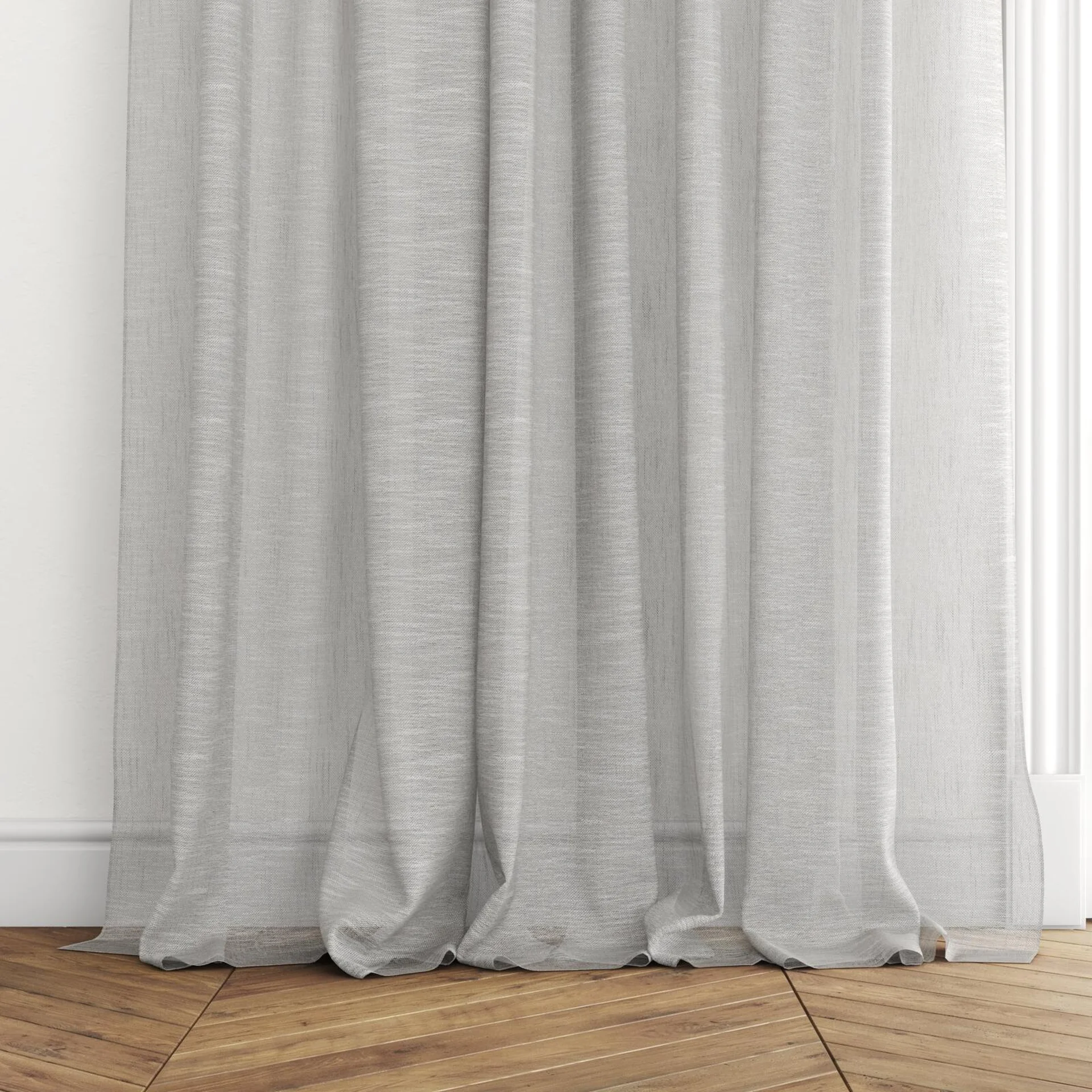 Bottom view of Drift Mist, puddled with pinch pleat, on curtain rod