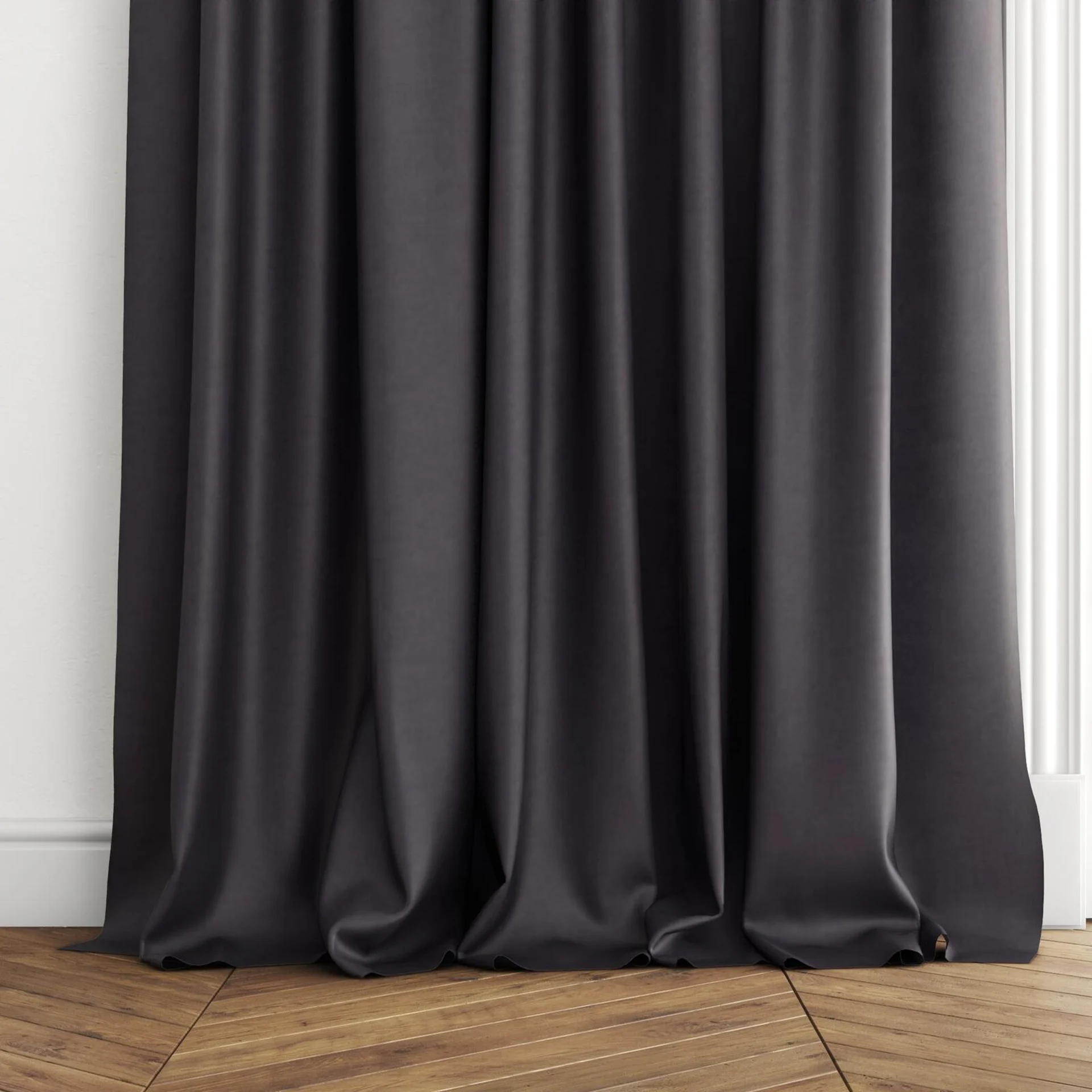 Bottom view of Flo II Onyx, puddled with pinch pleat, on curtain rod