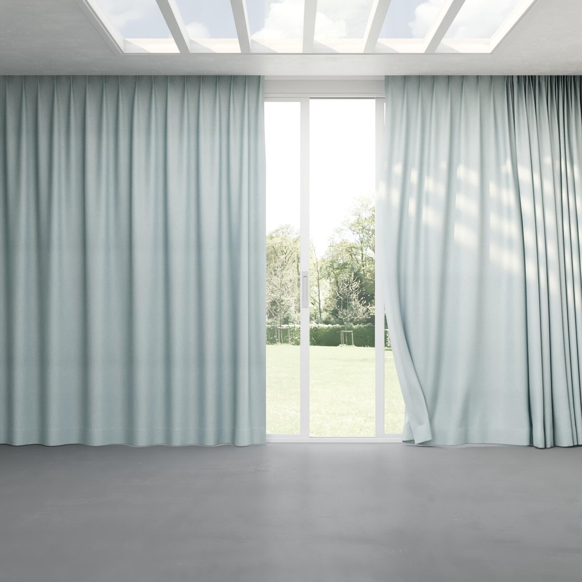 Full view of Liberate Aqua, pinch pleat
