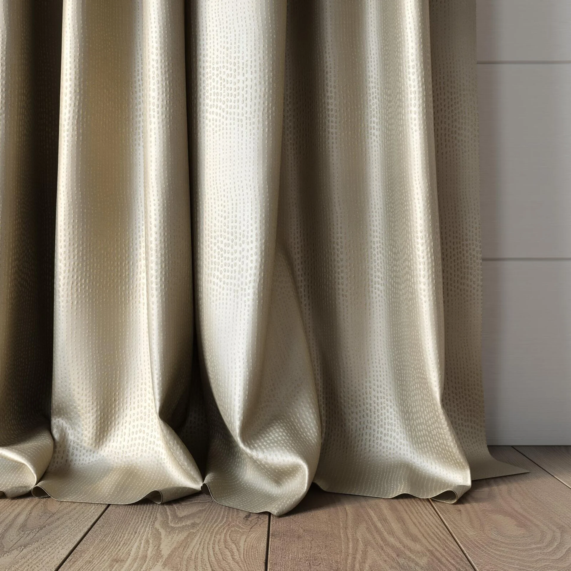 Bottom view of Glint Beige, puddled, on curtain rod