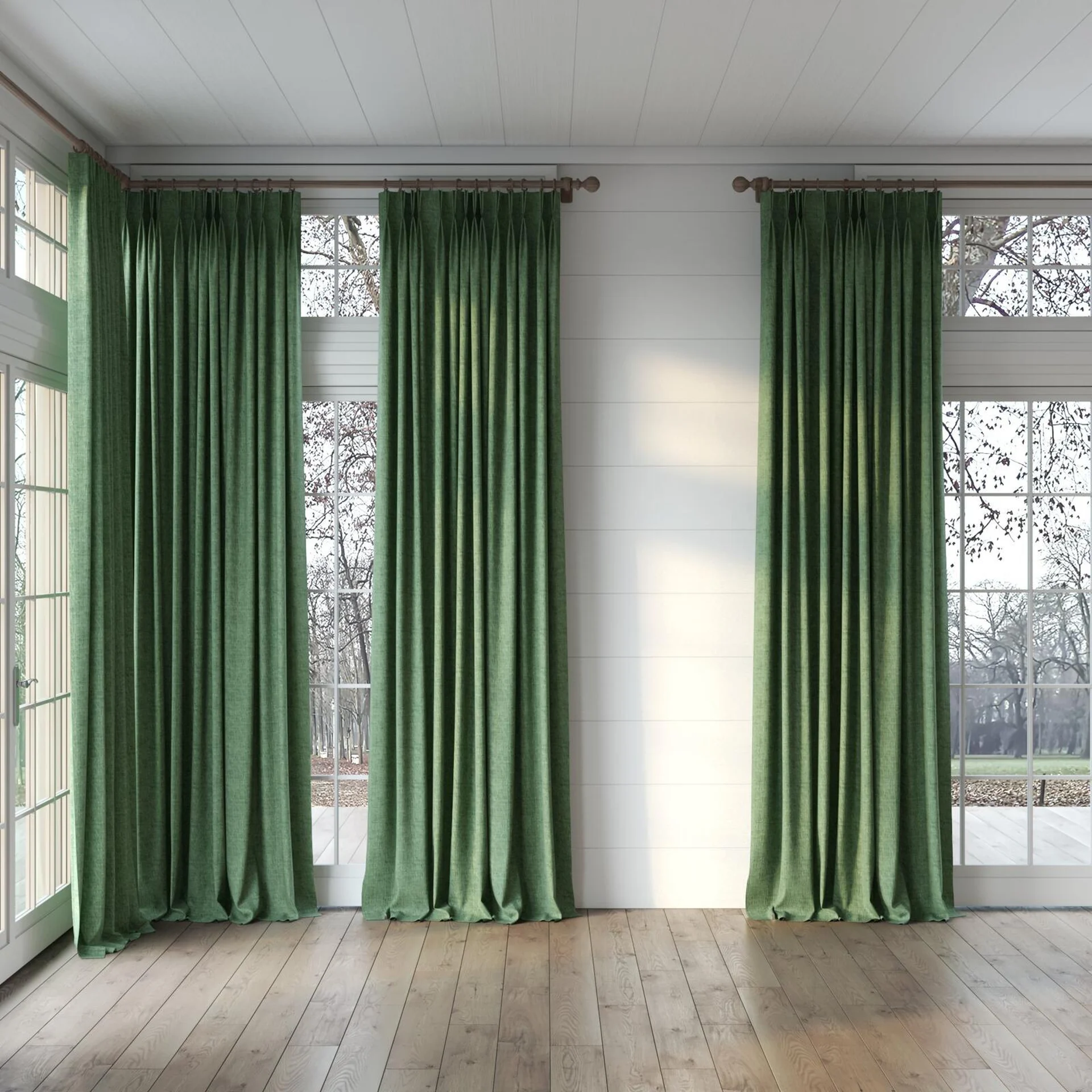 Full view of Earthwild Pesto, puddled, on curtain rod