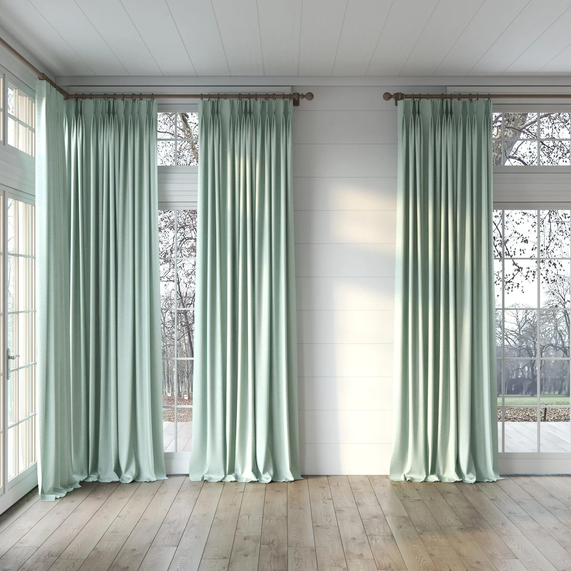 Full view of Casual Oasis, puddled, on curtain rod