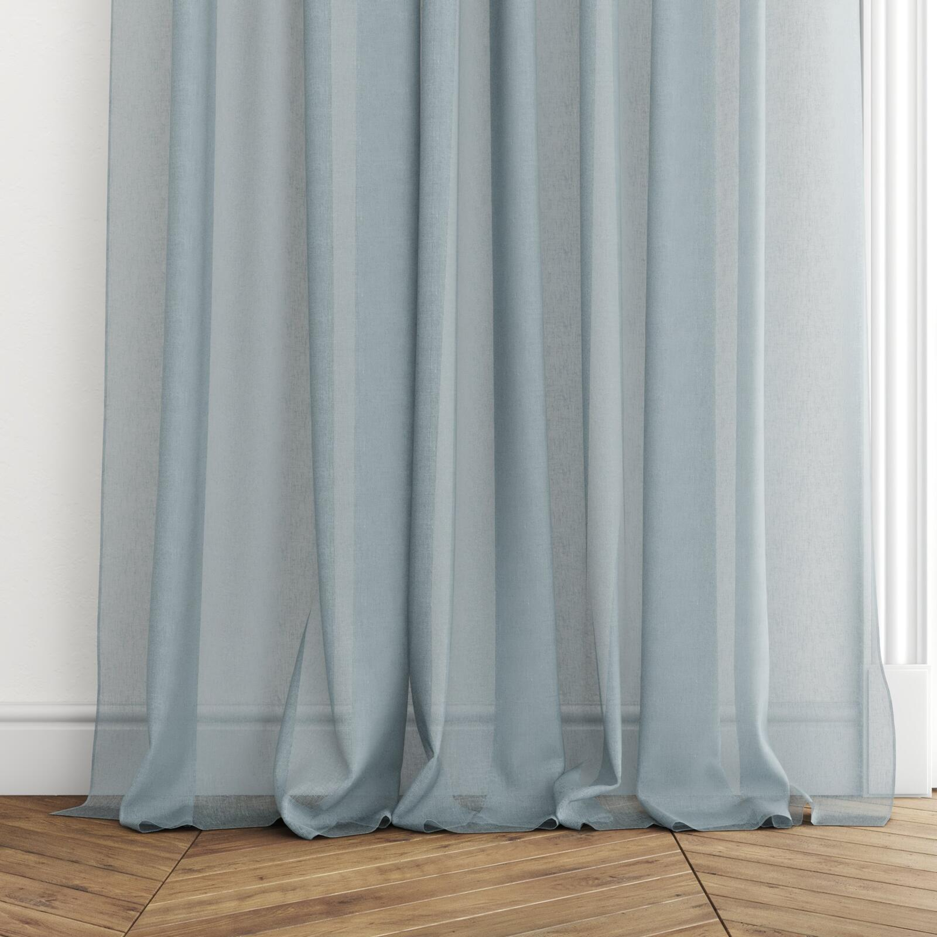 Bottom view of Elevate Sky, puddled with pinch pleat, on curtain rod