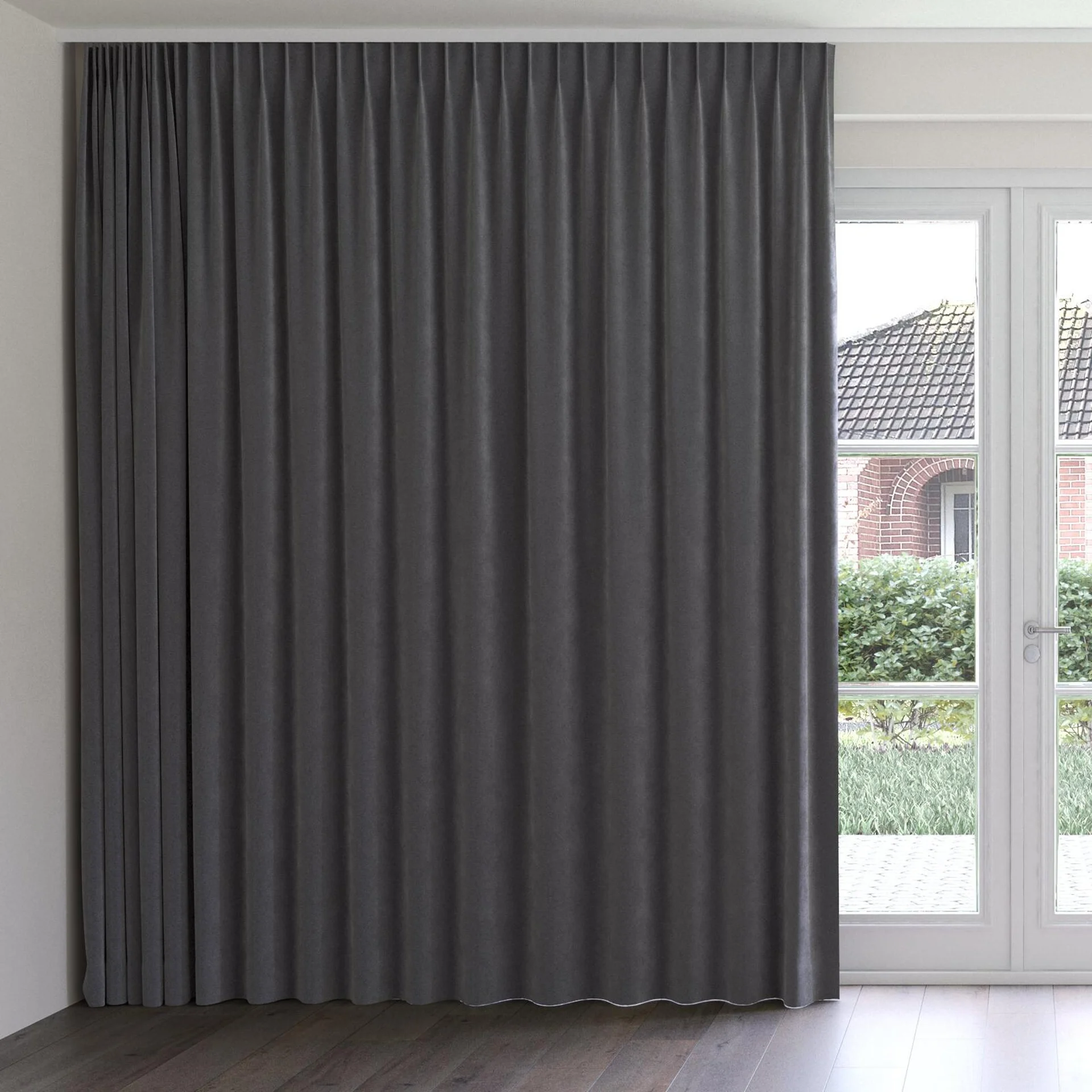 Front view of Lux Velvet Smoke 8703, on curtain rail