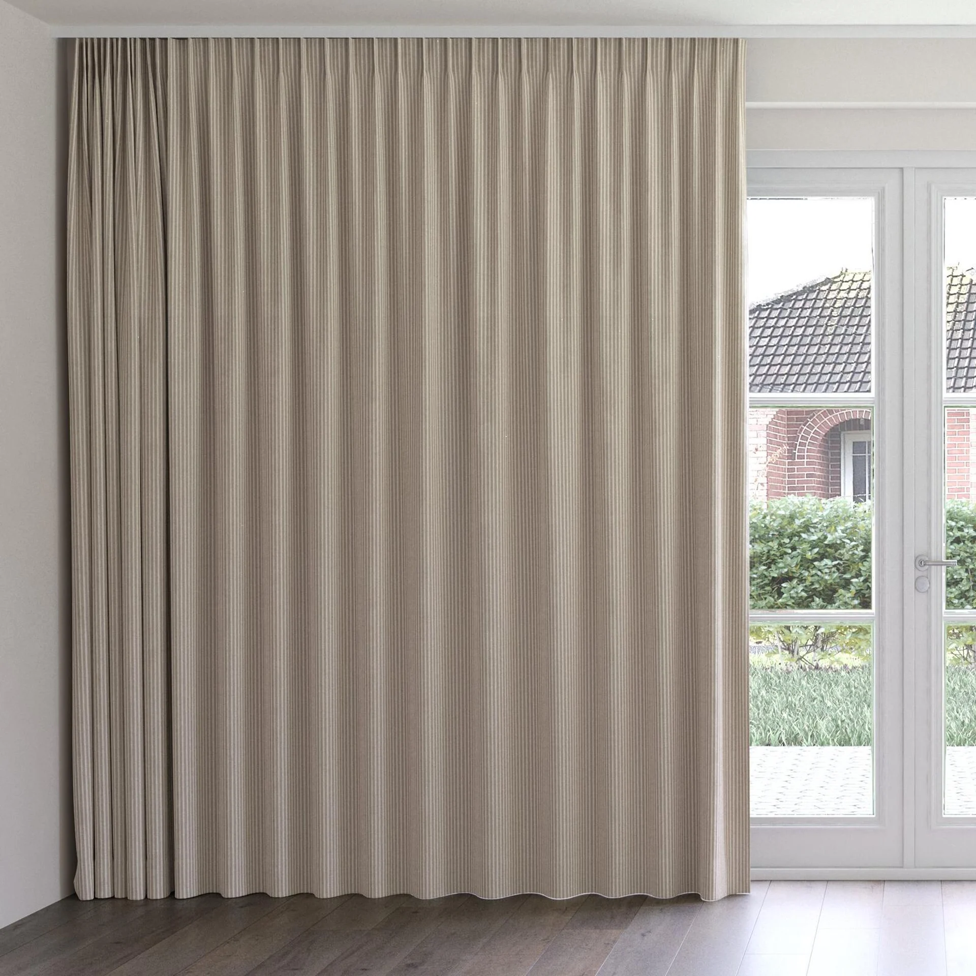 Front view of Embrace Taupe, on curtain rail