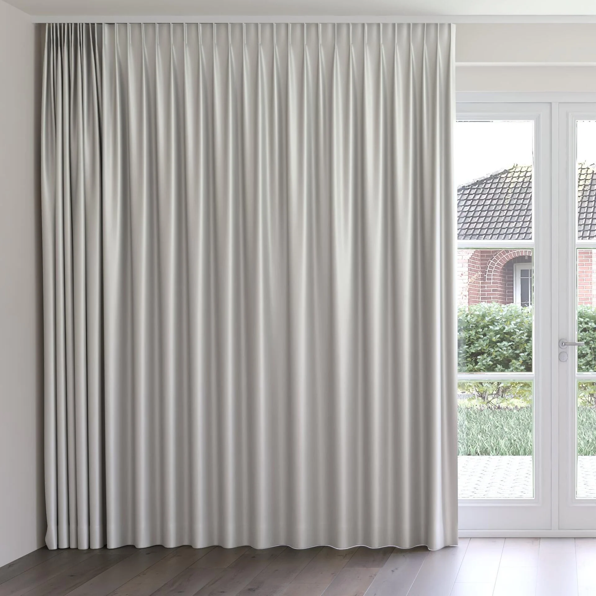 Front view of Sleek Silver, on curtain rail