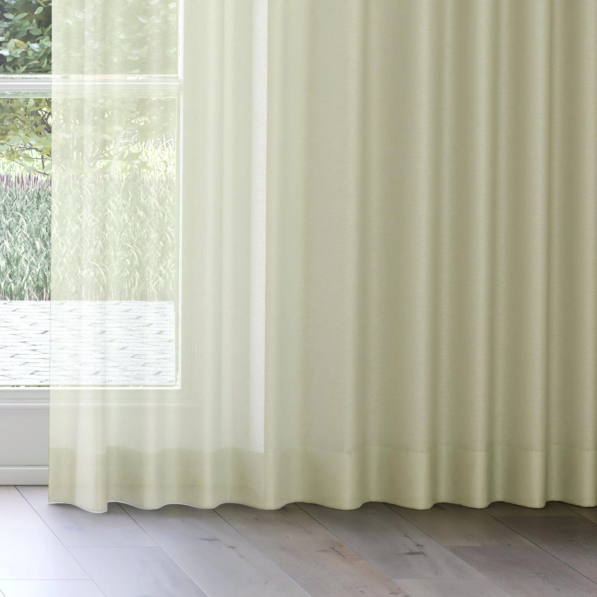 Bottom view of Alcova Pistachio, on curtain rail